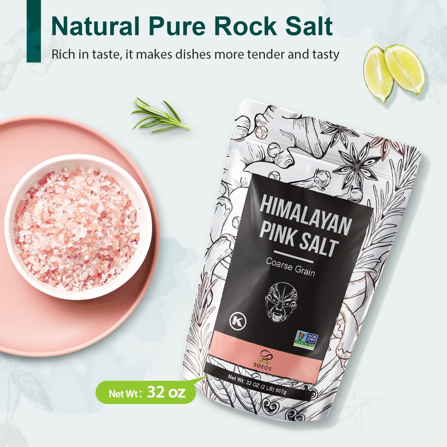 Soeos Himalayan Pink Salt, Coarse Grain, 2 Pound (32 Oz), Non-GMO Pink Himalayan Sea Salt, Himalayan Salt Coarse Salt, Pink Salt for Grinder Refill, Kosher & Natural Certified, Healthy
