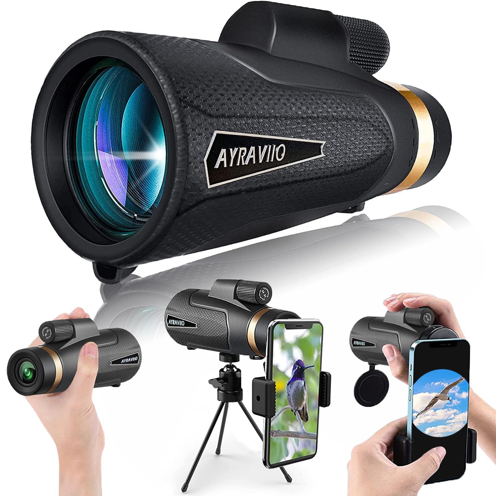 AYRAVIIO 12×60 Monocular Telescope with Smartphone Holder & Upgraded Tripod, High Powered SMC & BAK4 Scope, Birthday Gifts for Men Dad Him Husband Teen, Outdoors Survival Hiking Gear