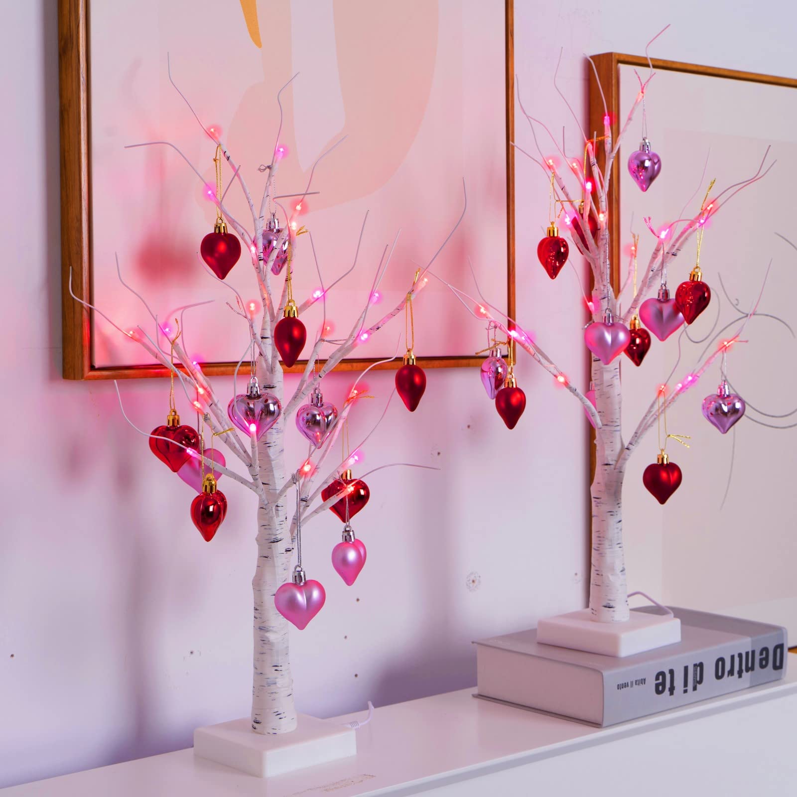 Efunly 2Pack Valentines Day Decor Lighted Birch Tree with Heart-Shaped Ornaments,USB&Battery Operated Light Up Artificial Tree for Home Indoor Bedroom Wedding Party Valentines Day Decoration