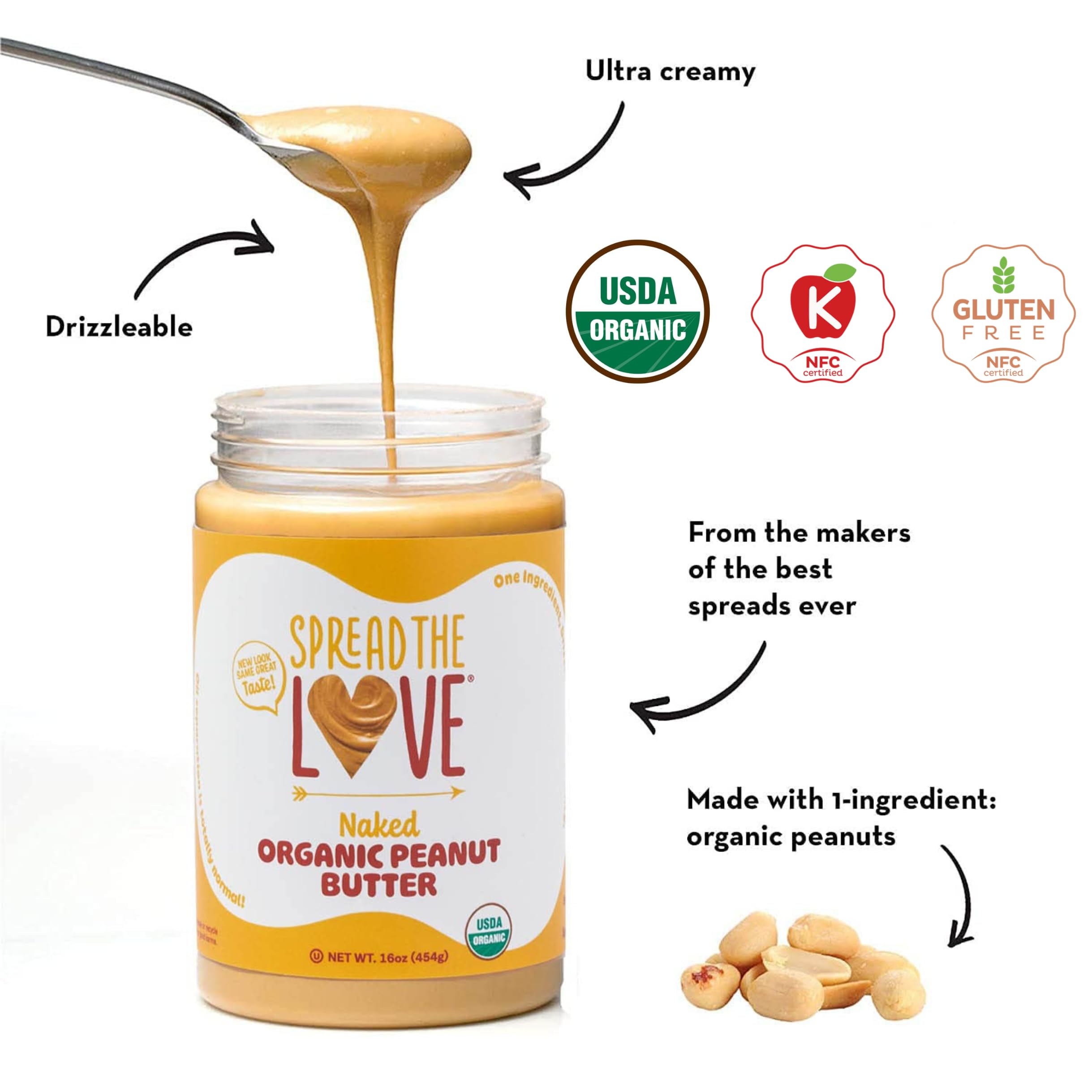 Spread The Love NAKED Organic Peanut Butter, 16 Ounce (Organic, All Natural, Vegan, Gluten-free, Creamy, Dry-Roasted, No added salt, No added sugar, No palm oil) (1-Pack)