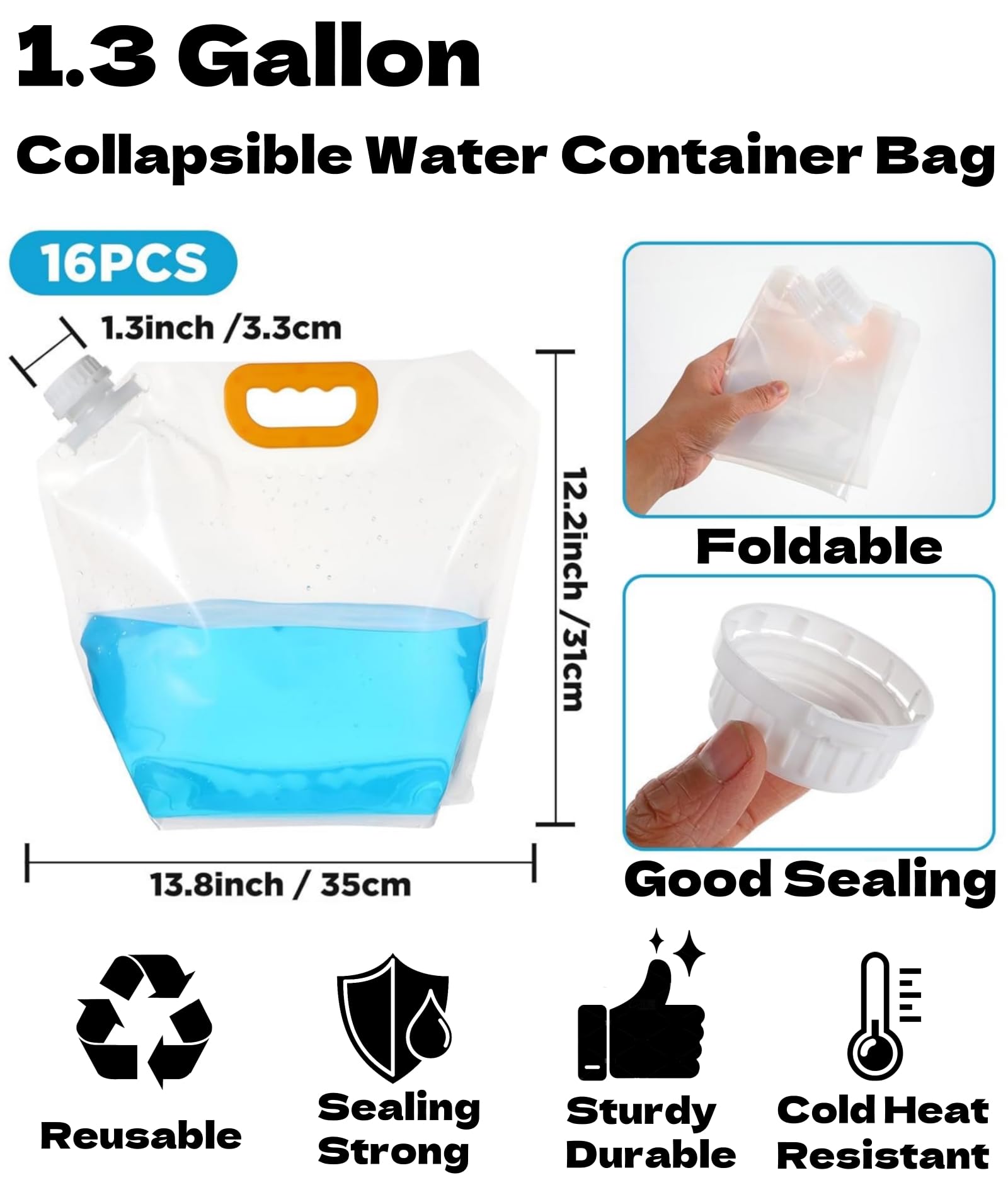 16 Pack 1.3 Gallon Collapsible Water Storage Bag Water Container Emergency Jug Plastic Storage Pouch Freezable Carrier Tank Foldable Bottle for Outdoor Sport Camping Hiking