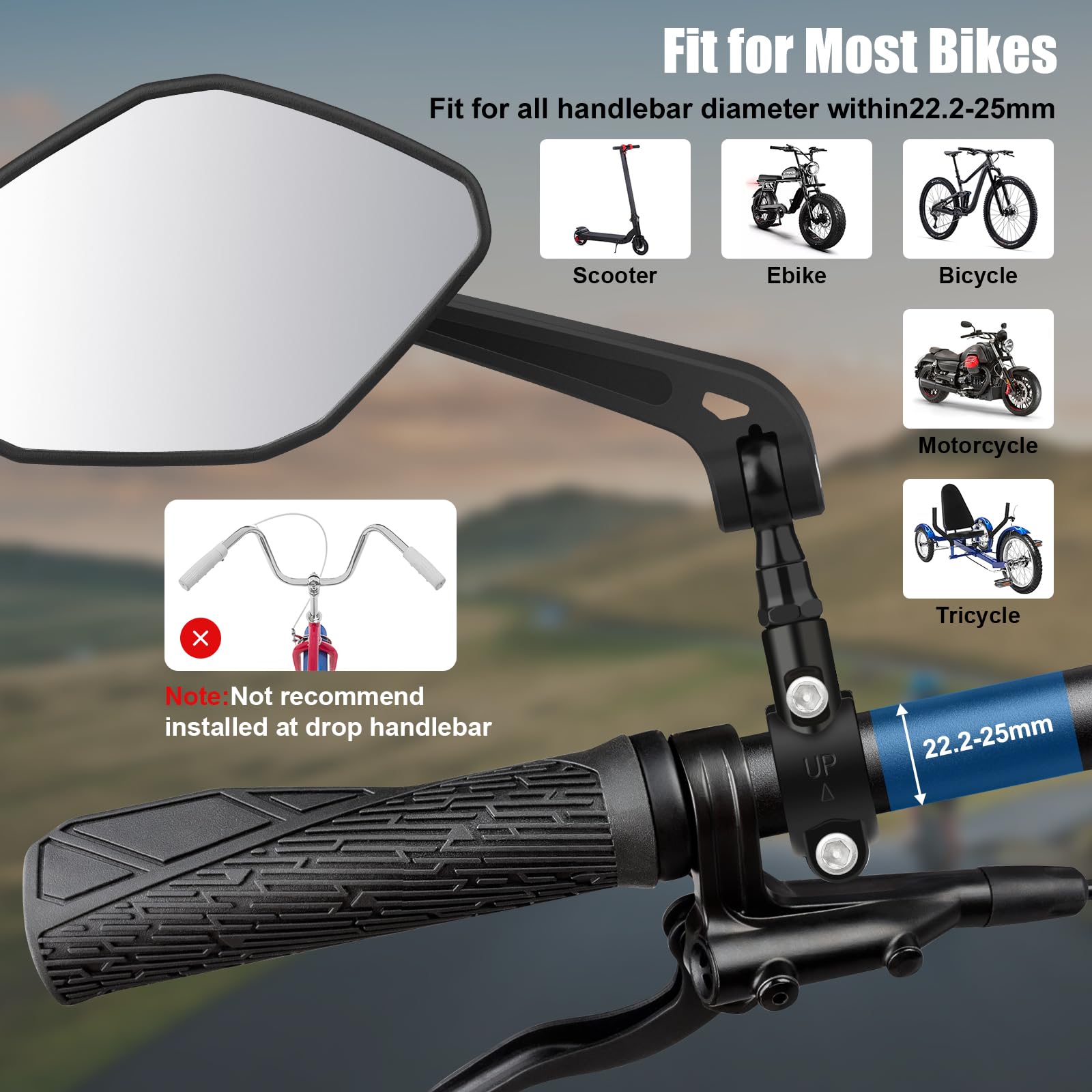Diyife Bike Mirror, Bike Mirror Handlebar Mount 1 Pair, Wide Angle Large Handlebar Rearview Mirror, Blast-Resistant 360°Adjustable Bicycle Rear View Mirror Accessories for Mountain Road Bike