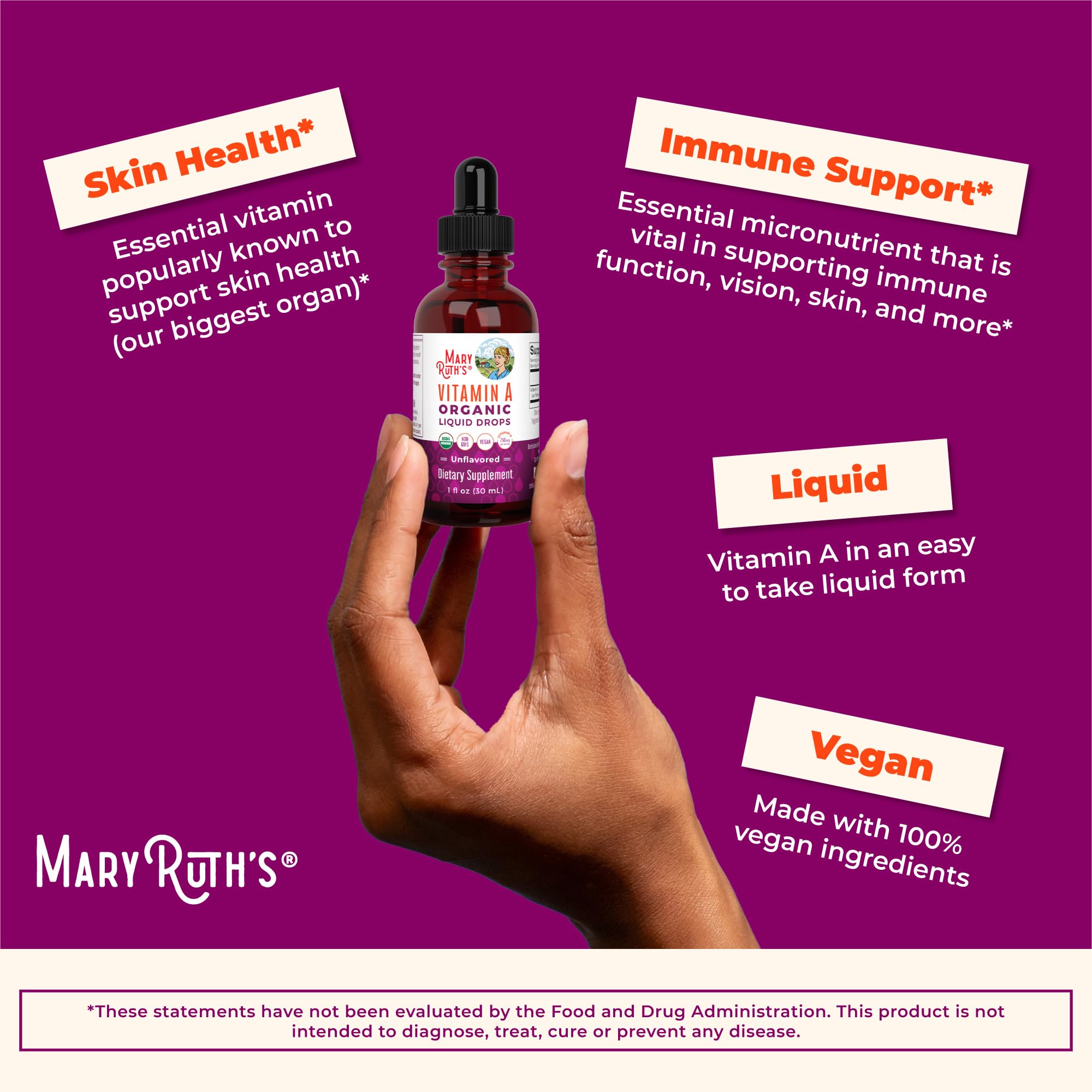 MaryRuth Organics USDA Organic Vitamin A Liquid Drops | 3 Month Supply | Immune Support, Eye Health, Skin Health for Ages 14+ | 750mcg per Serving | Sugar Free | Vegan | Non-GMO | Gluten Free | 1oz