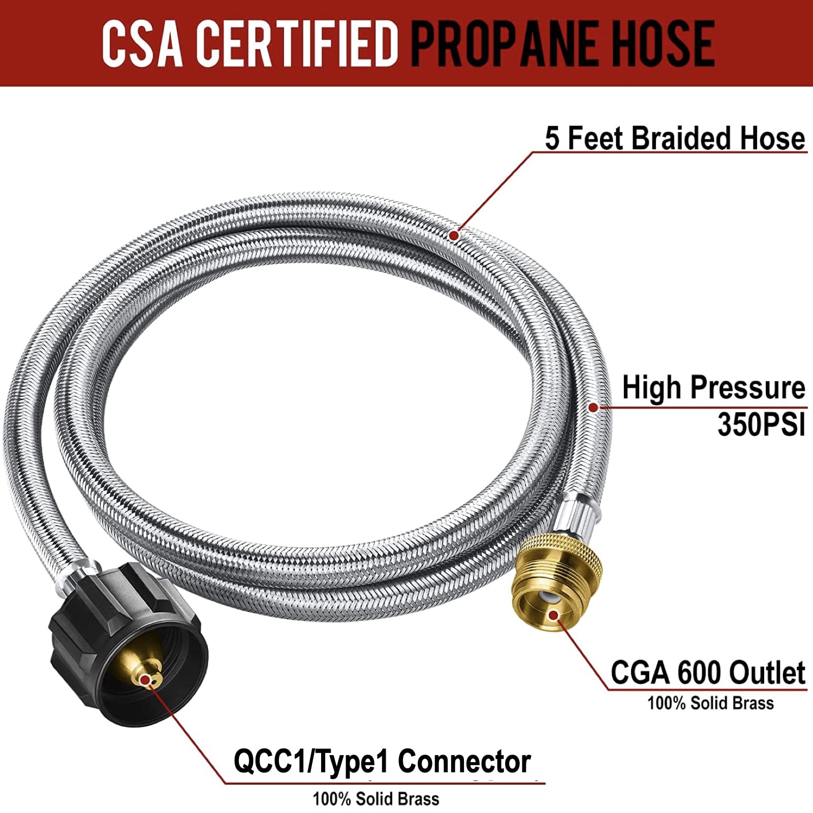 PatioGem Propane Hose, 5FT Propane Adapter 1lb to 20lb, Propane Tank Adapter, fit for Weber/Coleman/Blackstone Grill, Buddy Heater, Smoker, Griddle, Camping Stove, Fire Pit