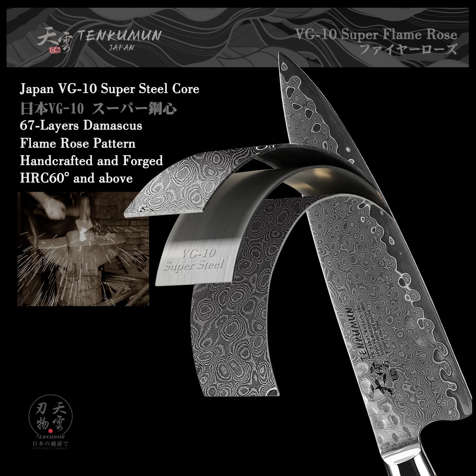 Tenkumun Japanese Gyutou Pro. Handcrafted 8 inch Chef Knife Handmade Forged Knife Japan VG-10 MAX Damascus Steel -Kokoro ser. with Wood Handle