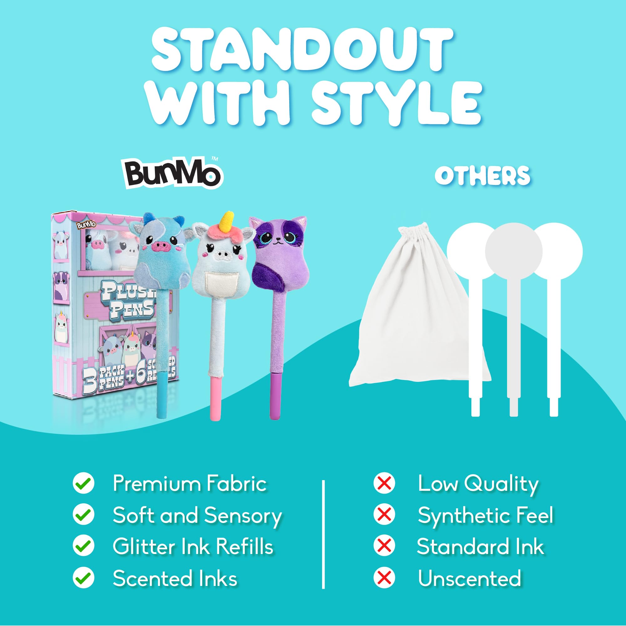 BUNMO Stocking Stuffers for Kids - 3 Pack Cute Pens - 6 Scented & Glittery Refills - Plush Fun Pens for Kids - Stuffed Cute Animals for Girls Kawaii Stationery - Stocking Stuffers for Girls