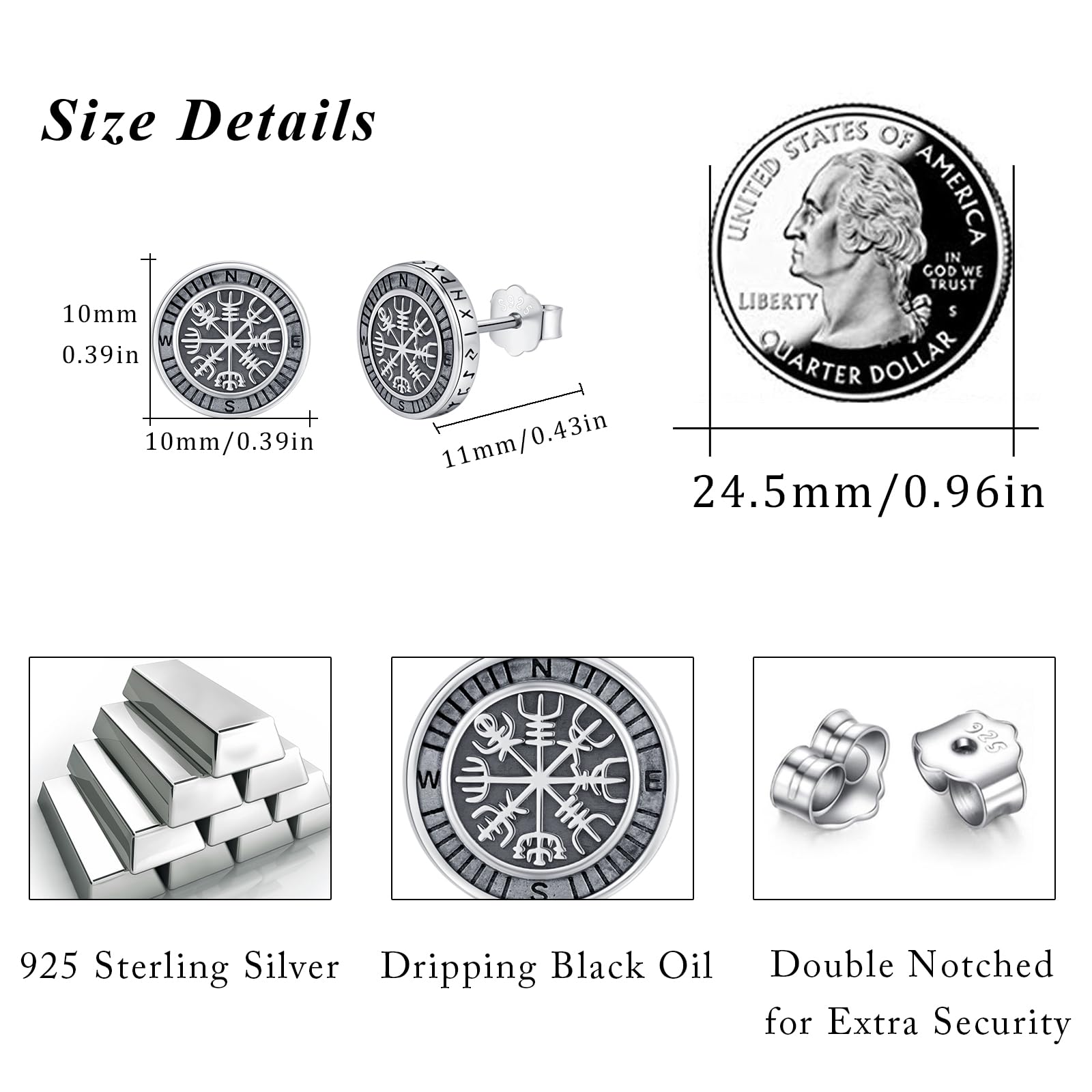 Viking Shield Helm of Awe Compass Earrings 925 Sterling Silver Runic Circle Ancient Norse Mythology Protection Amulet Stud Earrings Pagan Nordic Jewelry Gift for Men Women