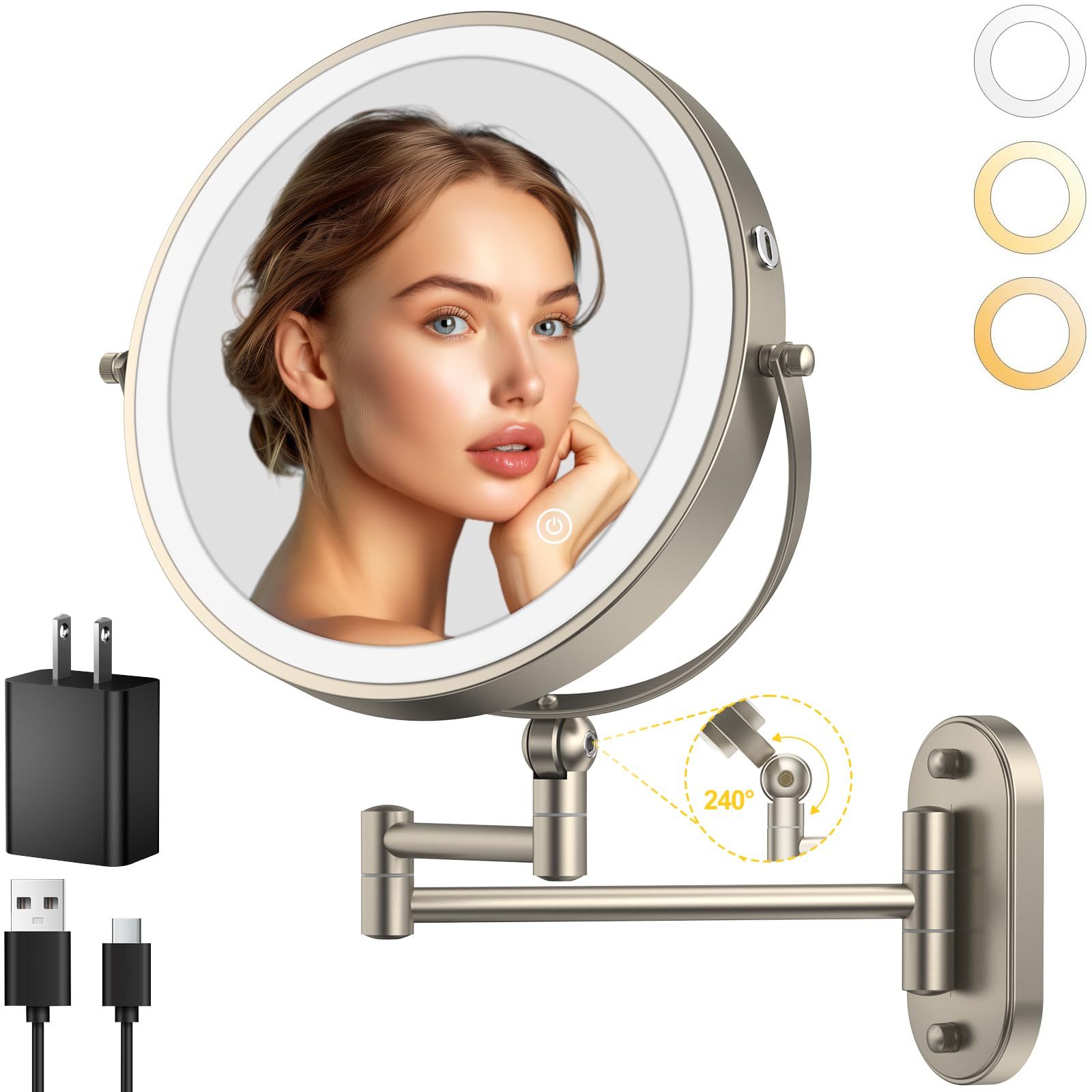 IMIKONA 9" Wall Mounted Lighted Makeup Mirror,4000mAh Rechargeable Double Sided 1X/10X Magnifying Mirror with Light,3 Color Lights,Touch Dimmable,Extended Arm 360 Rotation Wall Mounted Makeup Mirror