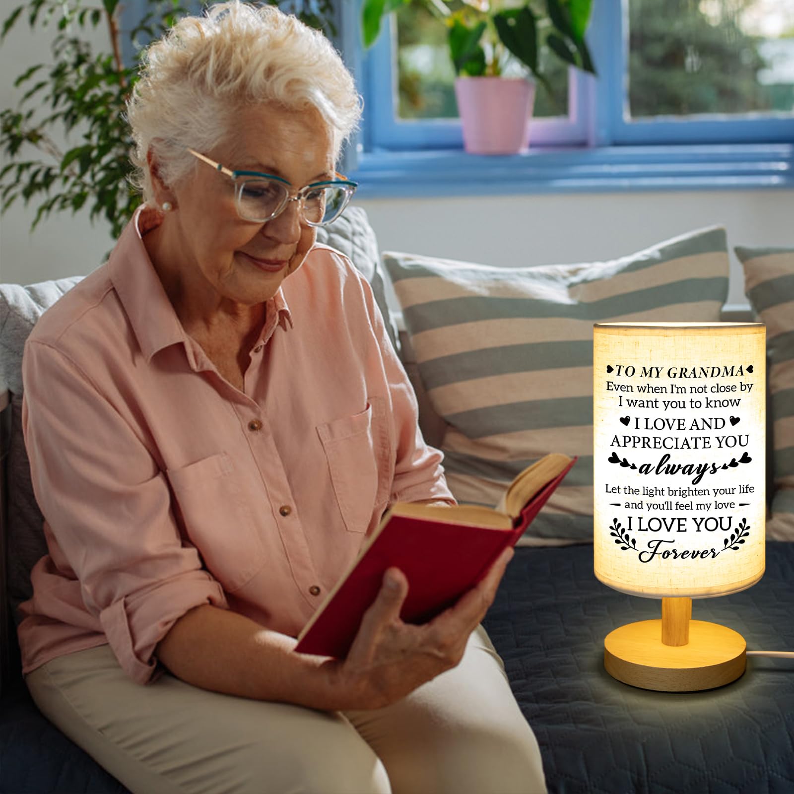 Calibron Christmas Gifts for Grandma from Grandkids, Grandma Christmas Gifts Fabric Lamp, Birthday Gifts for Grandma Table Lamp with Wooden Stand Unique Grandma Gifts