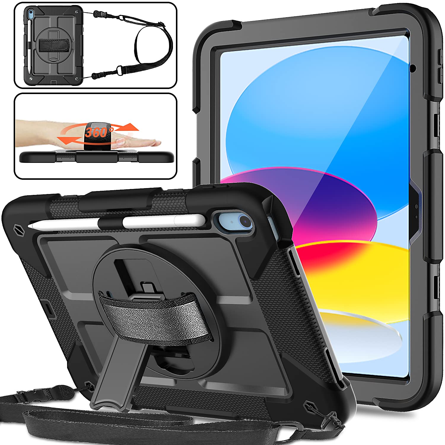 SUPNICE iPad 10th Generation Case 10.9 Inch 2022, Durable Shockproof Protective Cover with [Screen Protector][Pencil Holder][360 Rotating Stand][Shoulder Strap] for iPad 10th Gen 2022 - Black