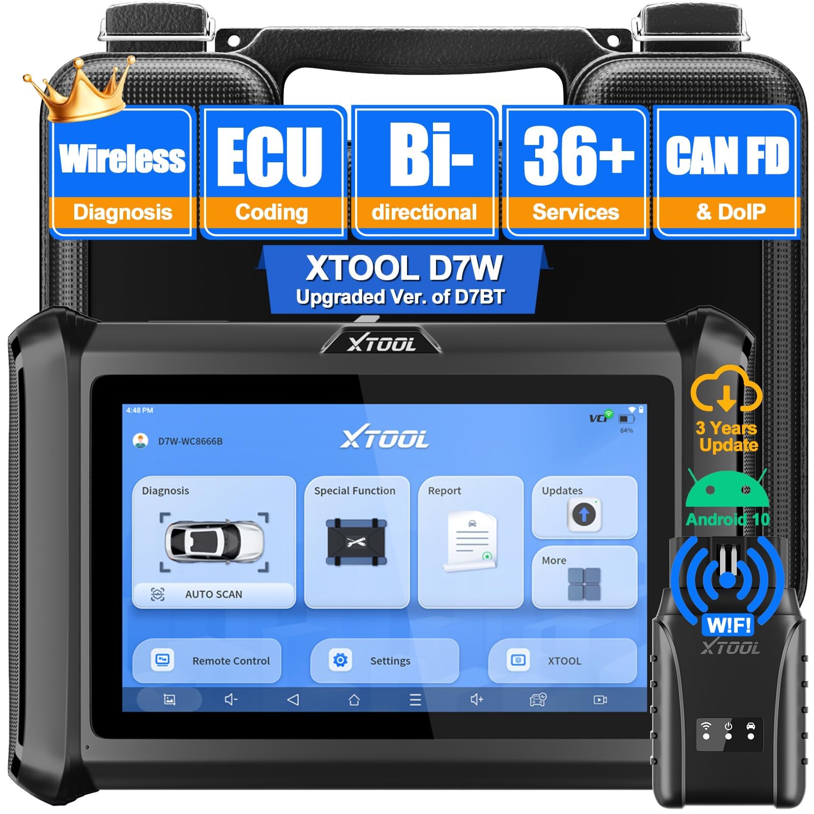 Bidirectional Scan Tool XTOOL D7W: Wireless Ver. of D7/D7S, OBD2 Scanner with 3-Year Updates, ECU Coding, CAN FD/DoIP, 36+ Resets, Crank Sensor Relearn, All System Scanner for Car