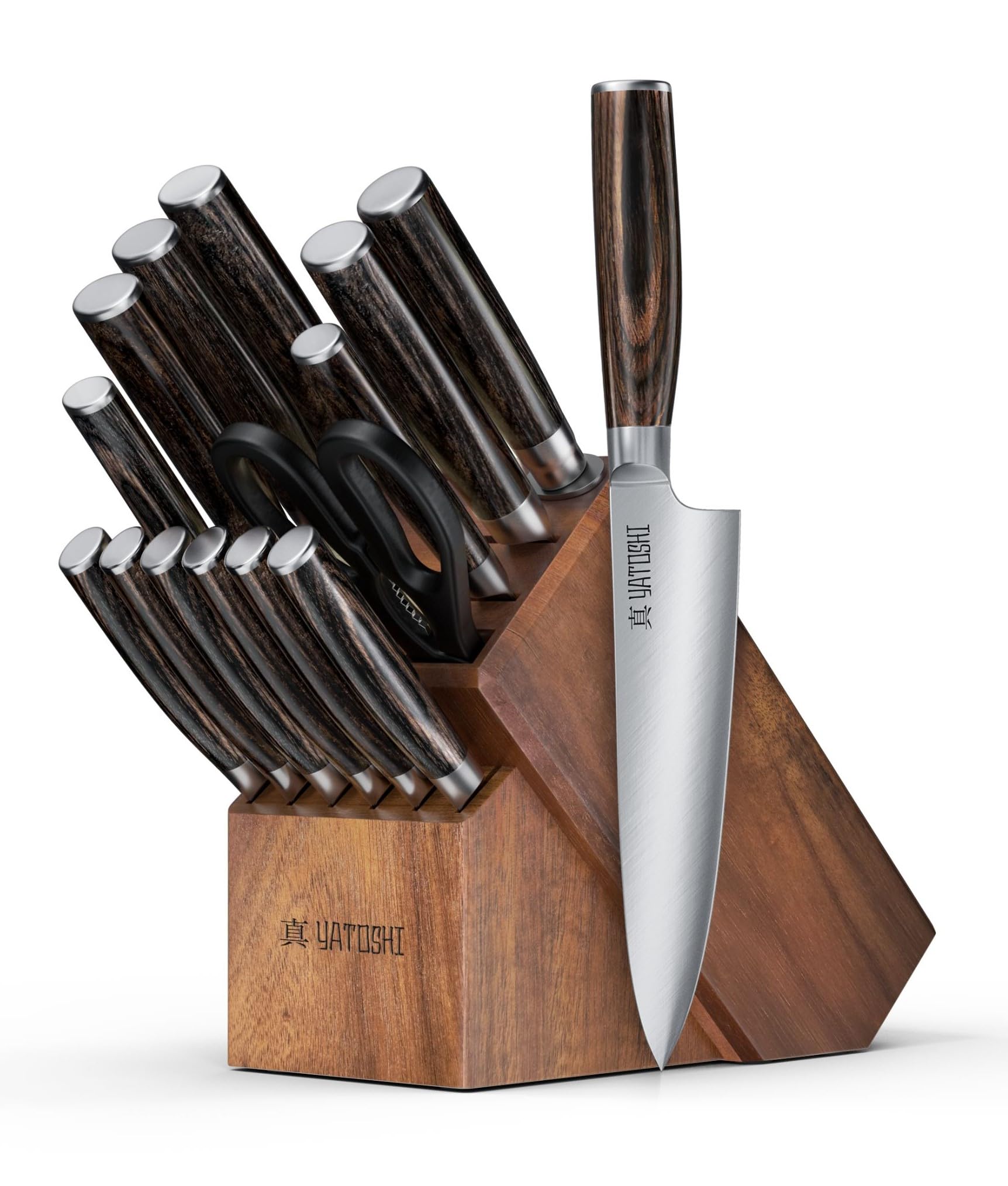 Yatoshi 15 Piece Knife Block Set - Pro Kitchen Knife Set Ultra Sharp High Carbon Stainless Steel with Ergonomic Handle