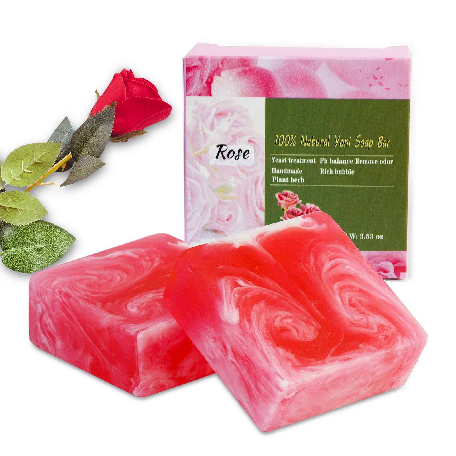 2 PCS Yoni Soap Bars for Women, 100% Handmade Natural Yoni Bar PH Balanced & V Cleansing Bar Soap for Women, All Natural Soap Bar with Bubble Foam Net, Yoni Wash Away Odor 3.53oz/100g (pink)