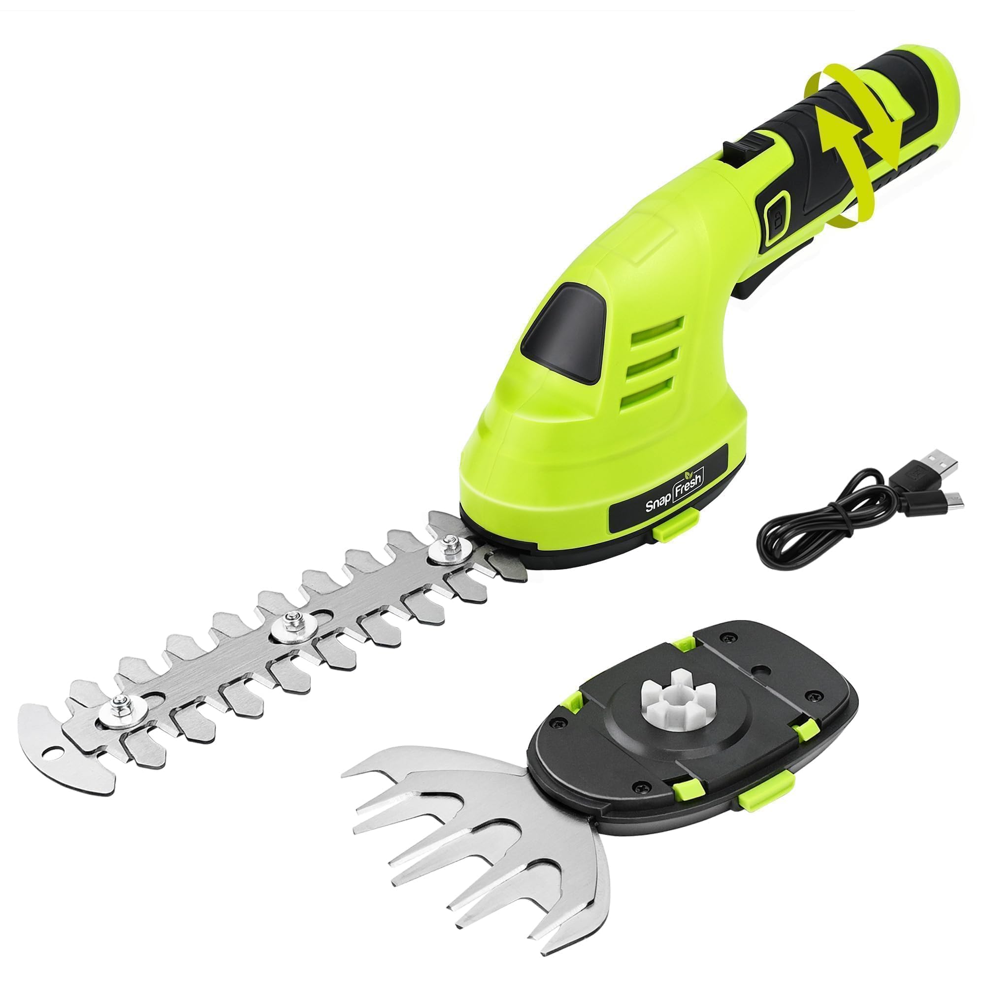 SnapFresh Hedge Trimmer Cordless Grass Shear, 2 in 1 8V Electric Grass Clipper and Hedge Shears with Rotating Head, Handheld Bush Trimmer/Grass Cutter/Shrub Trimming with Battery for Garden & Lawn