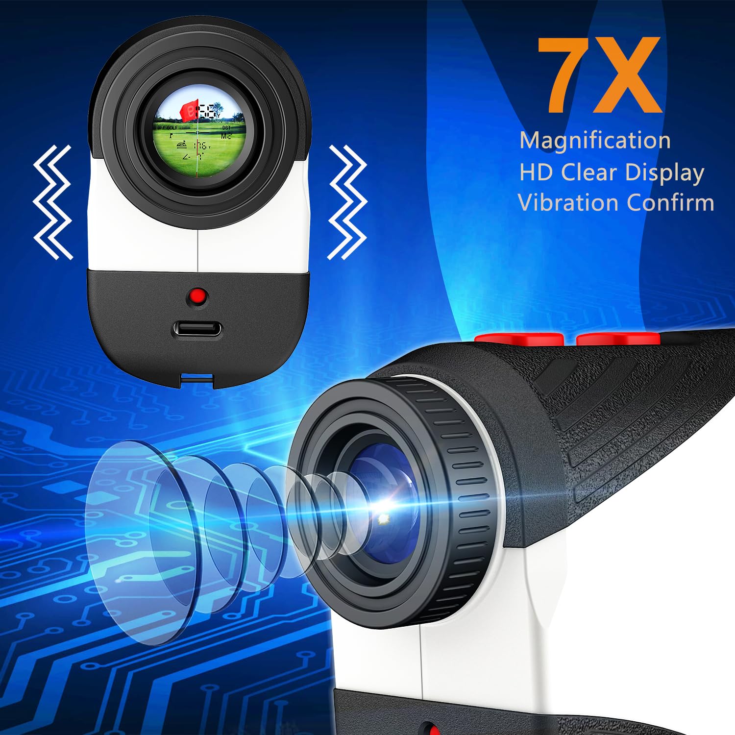 Range Finder Golf, 1200 Yard Laser Rangefinder for Golf & Hunting Range Finder Distance Measuring with Magnetic Stripe, 7X Magnification, High-Precision Flag Lock Vibration, Fast Focus，Rechagreable