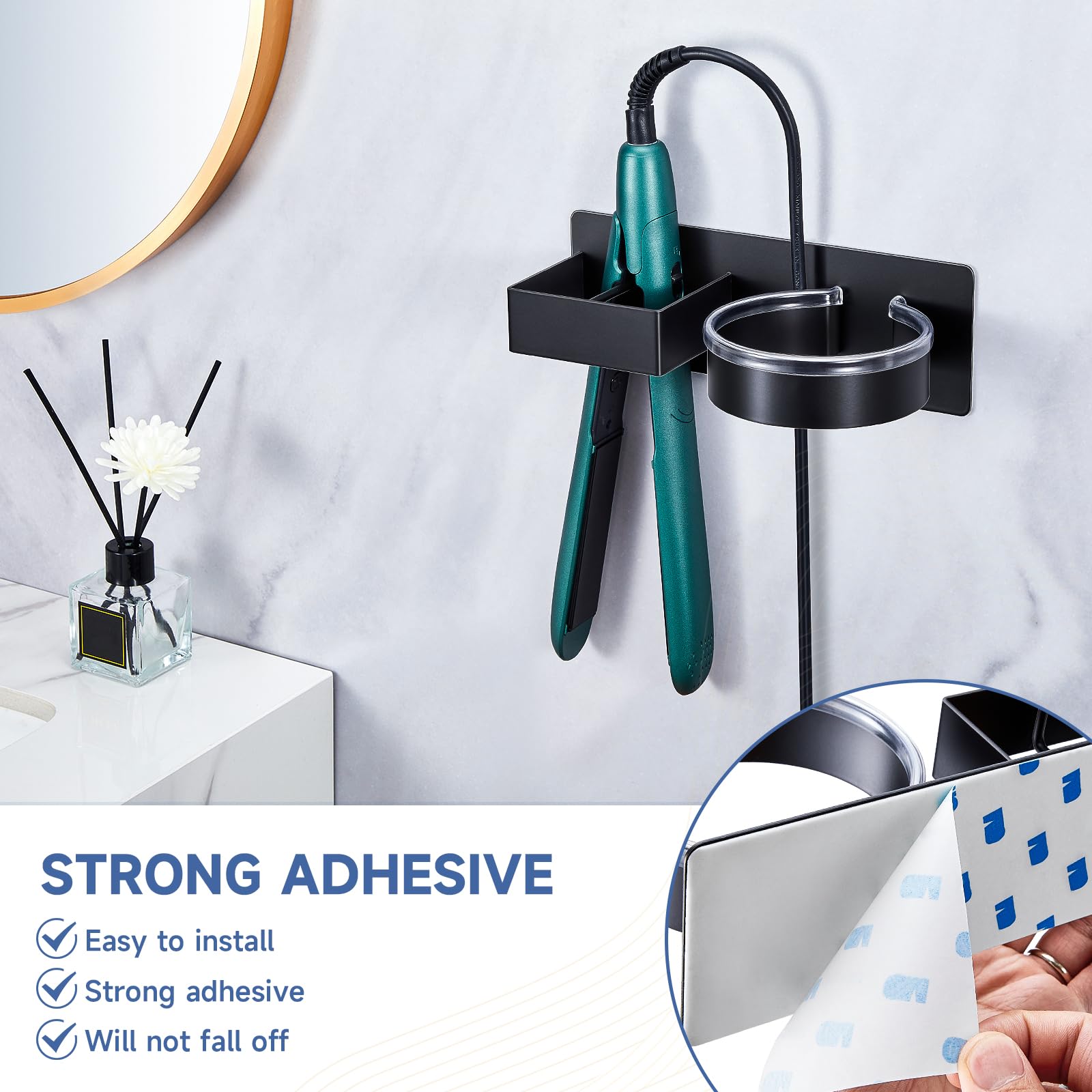 YAYINLI Hair Straightener Holder Wall, Blow Dryer Holder Wall Mounted Hairdryer Holder for Bathroom, Hair Tools Organizer & Storage Curling Iron Holder, Salon Hair Dryer Holder (Black)