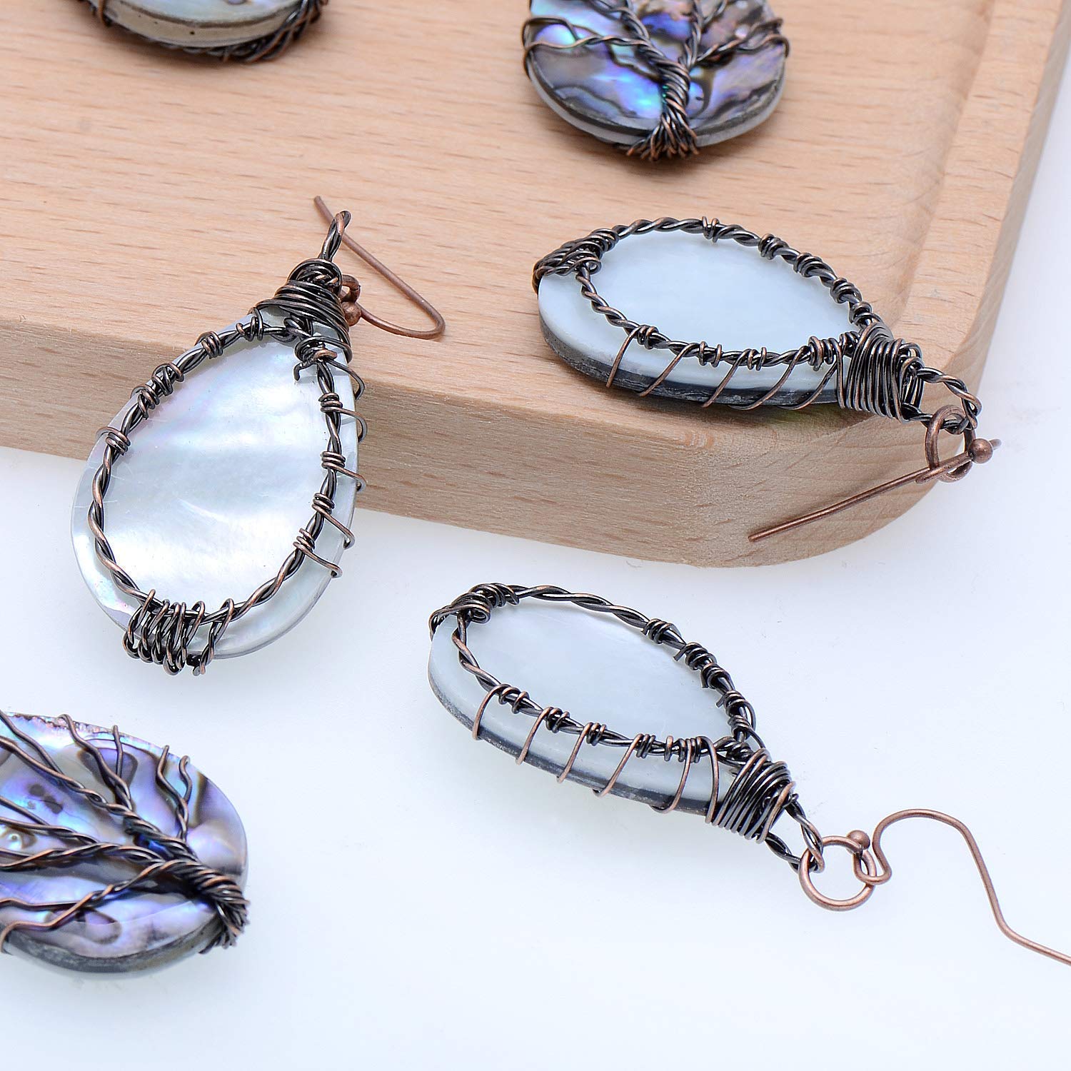 Handmade Teardrop Abalone Shell Dangle Earrings for Women, Wire Craft Tree of Life Earrings