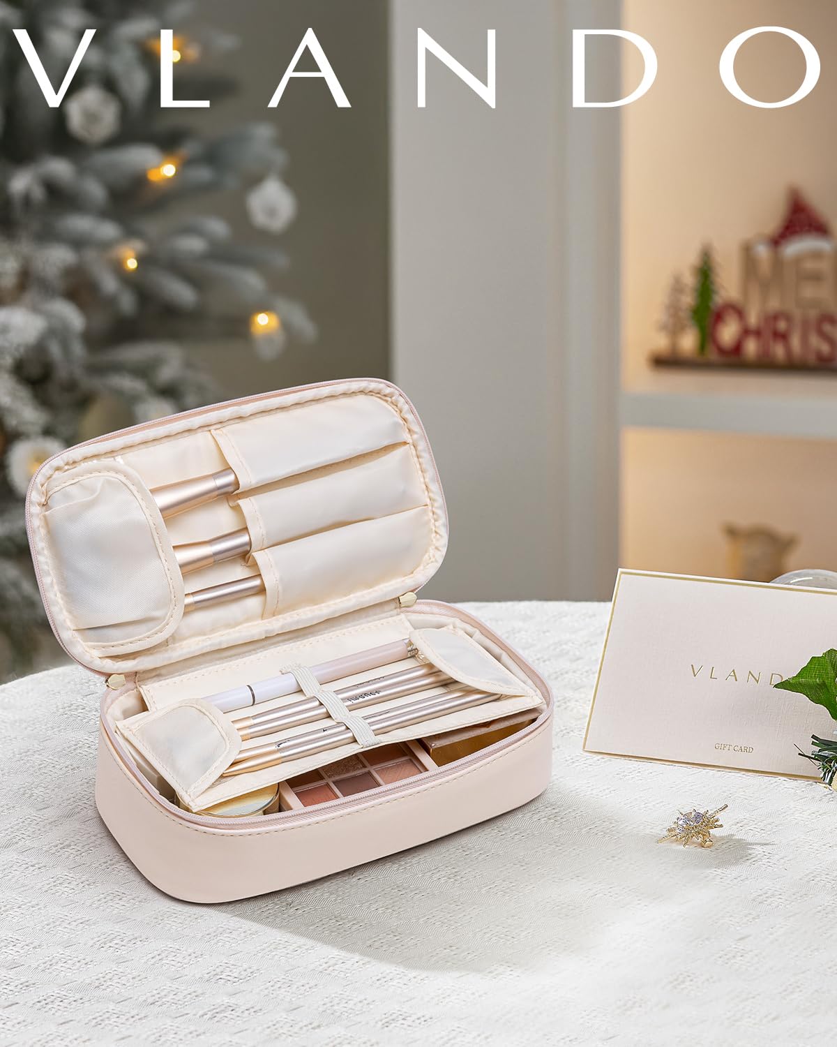 Vlando Travel Makeup Bag,Small Makeup Bag for Women,Christmas Gifts for Women Girls, Makeup Pouch Purse Travel Essentials Toiletries-Apricot White