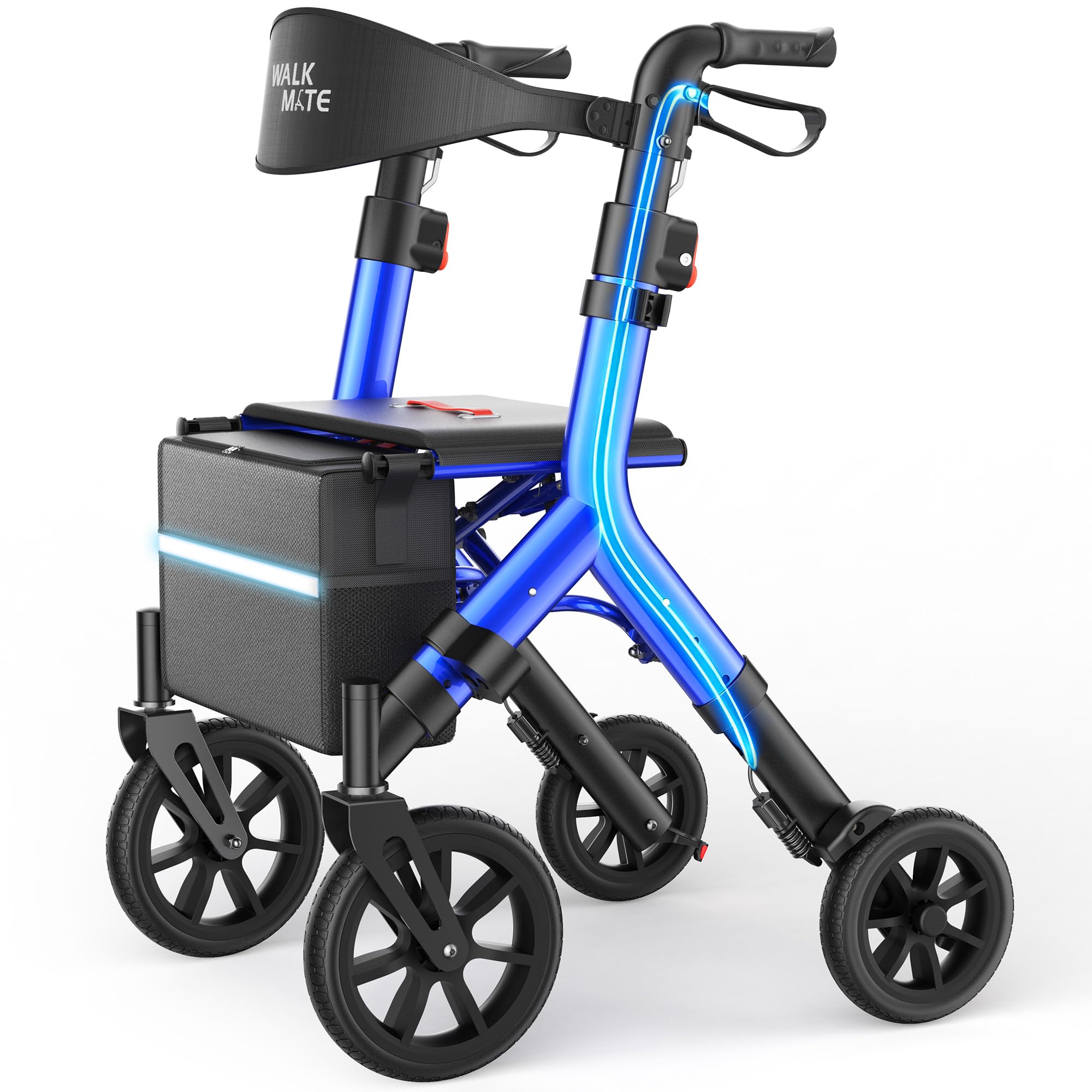 WALK MATE Rollator Walker for Seniors 5.3~7ft Tall, Height-Adjustable Seat, Built-in Cable, 10 Inch Wheels, 16.5 lb Lightweight & Compact Folding Design, 300 lb Capacity, Blue