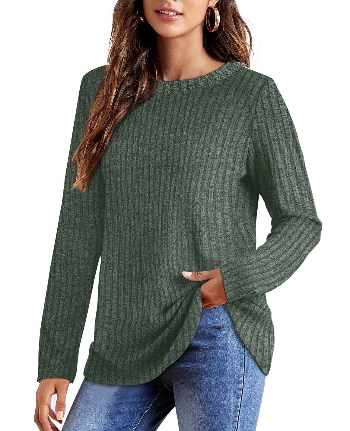 OFEEFAN Fall Sweaters for Women Trendy Long Sleeve T Shirts for Women Cute Green M