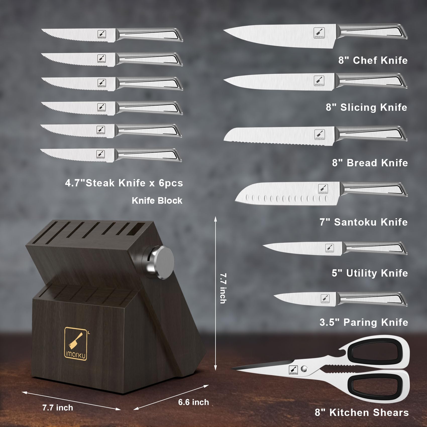 imarku 14 PCS Japanese Stainless Steel Kitchen Knife Set with Block, Built-in Sharpener, and Non-slip Ergonomic Handles - Dishwasher Safe