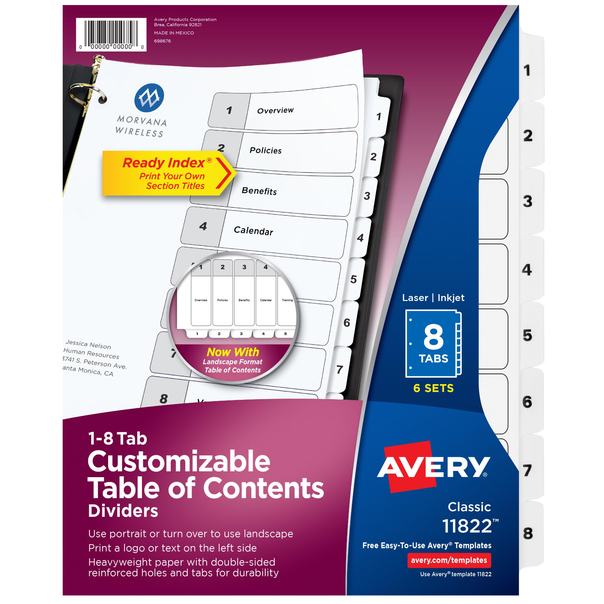 Avery 8 Tab Dividers for 3 Ring Binders, Customizable Table of Contents, Classic White Tabs, 6 Sets (11822)