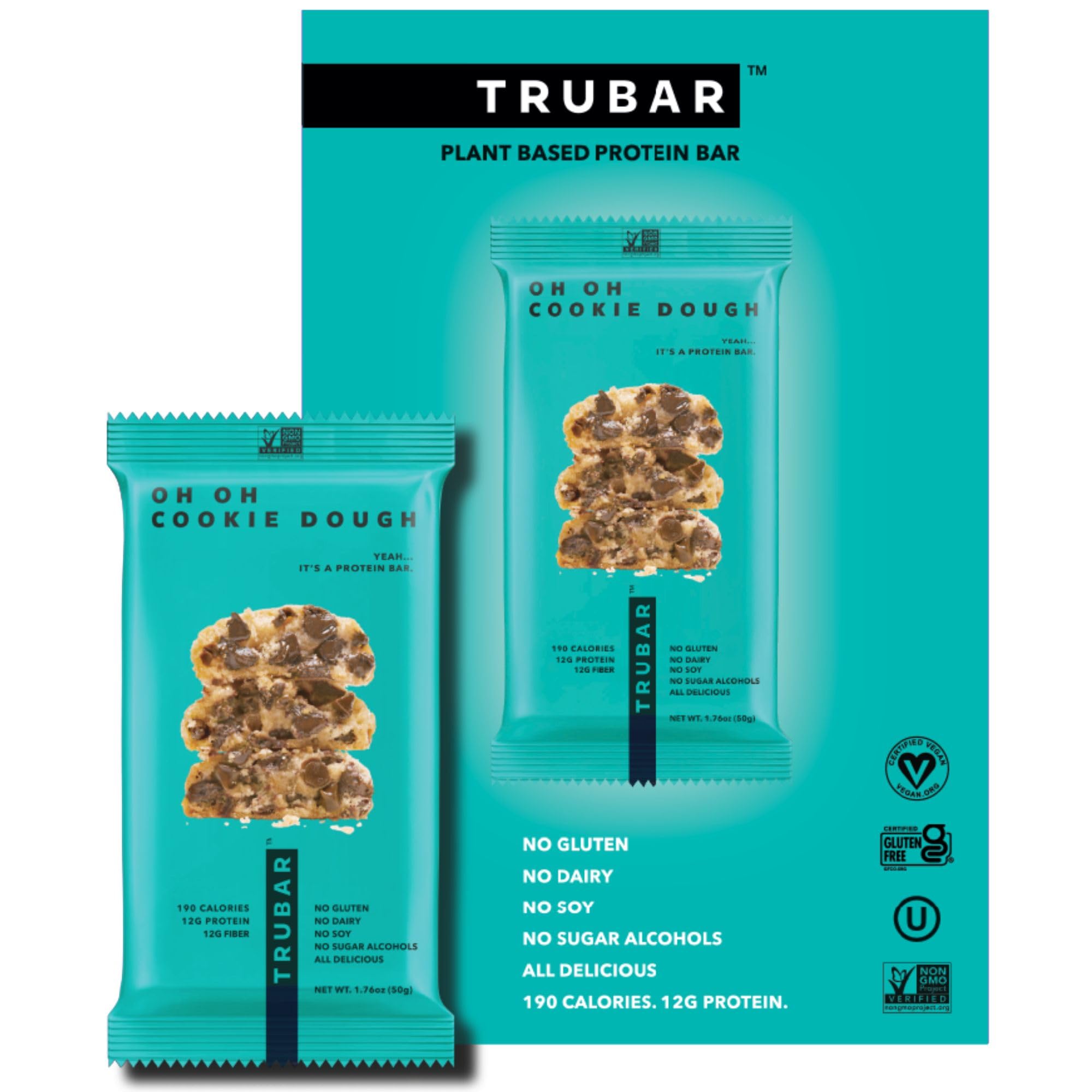 TRUBAR Vegan Protein Bar, Oh Oh Cookie Dough, Gluten Free, Plant Based Protein, Dairy Free, Non GMO, Soy Free, No Sugar Alcohols, 12G Protein, 12G Fiber, 23G Carb, Healthy on The Go Snack Bars, 12 CT