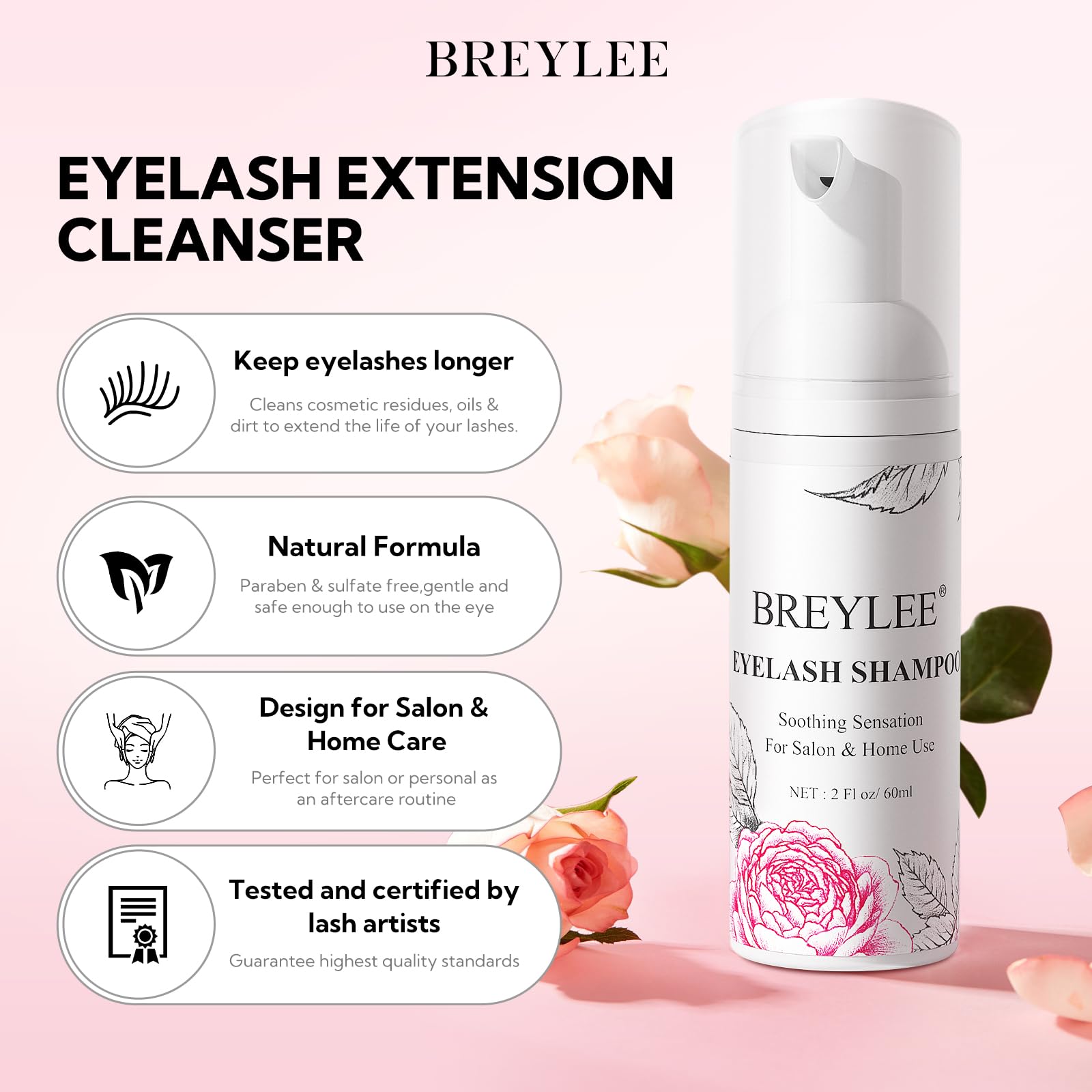 BREYLEE Shampoo for Lash Extensions, 60ml+Rinse Bottle+Brushes, Eyelash Extension Cleanser, Lash Wash Bath, Lash Cleaner for Makeup Cleansing Foams, Paraben & Sulfate Free for Salon and Home Use