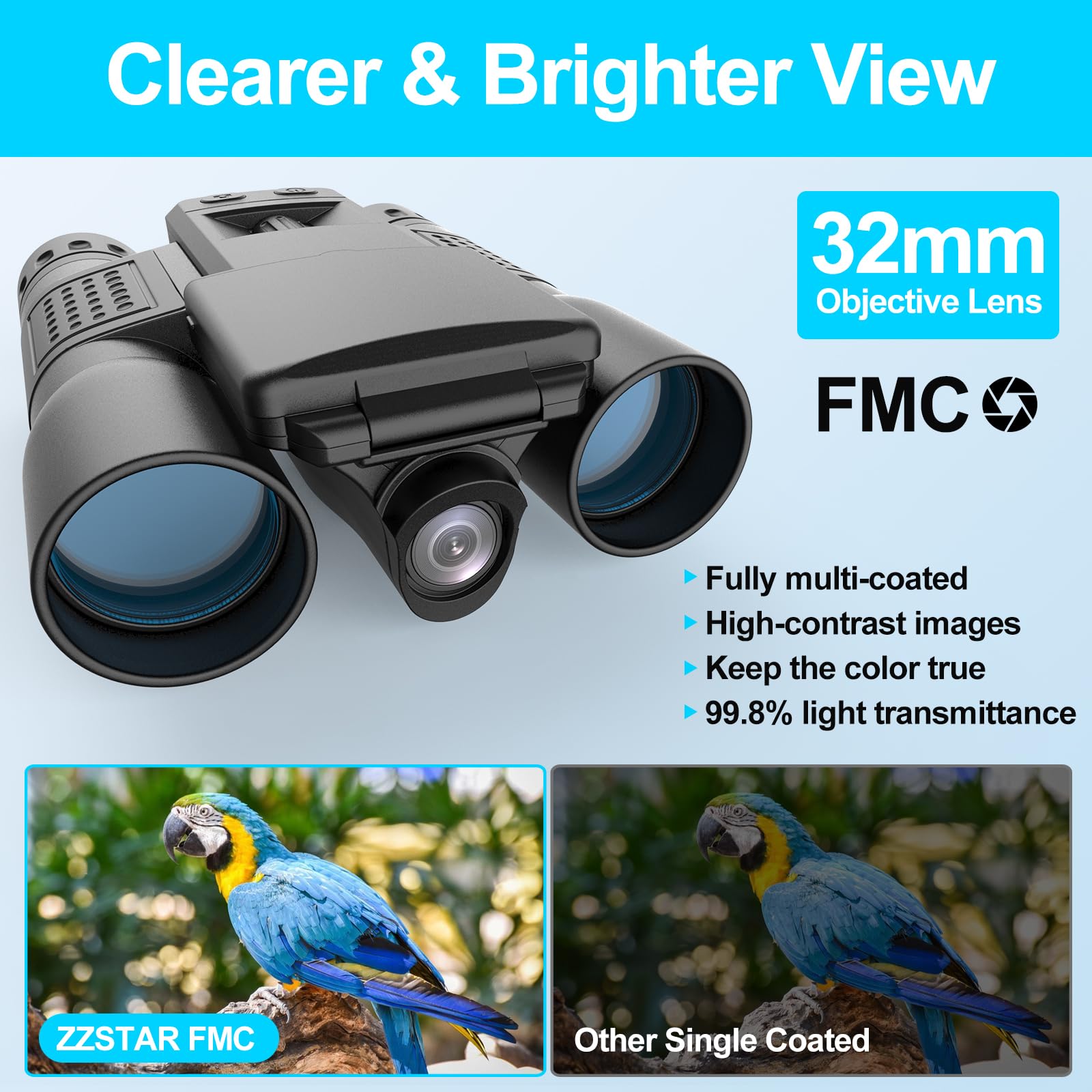 12x32 Binoculars with Built-in Camera, 2" LTPS Display 5MP 1080P Video Photo Recorder with 32GB Micro SD Card, High Powered Binoculars for Bird Watching Travel Hunting, Black