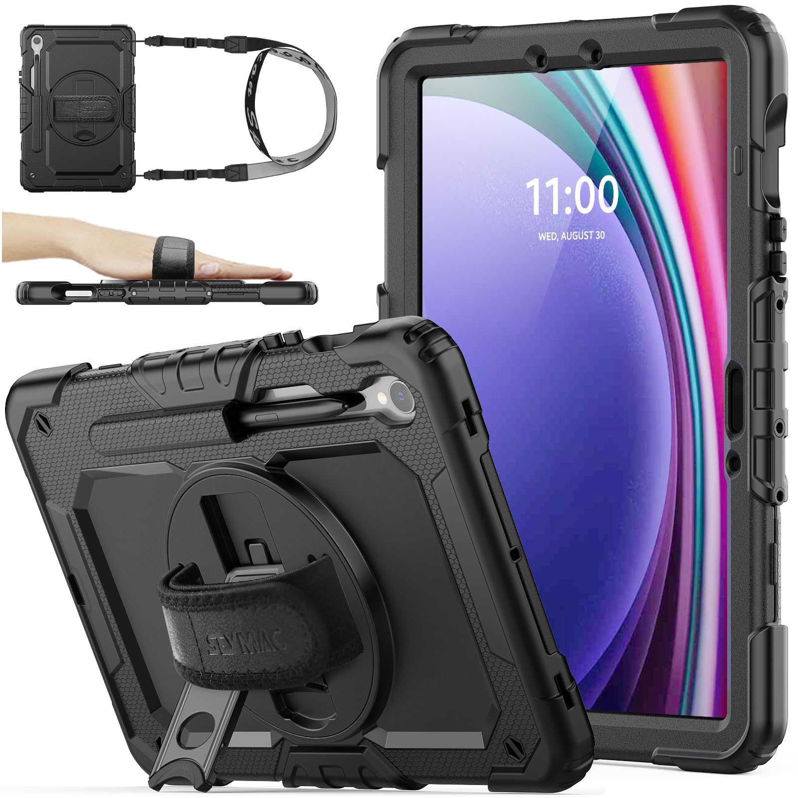 SEYMAC stock for Samsung Galaxy Tab S9/ S9 FE 5G Tablet Case 2023 with Screen Protector Pencil Holder [360 Rotating Hand Strap] &Stand, Drop-Proof Case for Galaxy Tab S9 FE 10.9''/ S9 11'', Black1