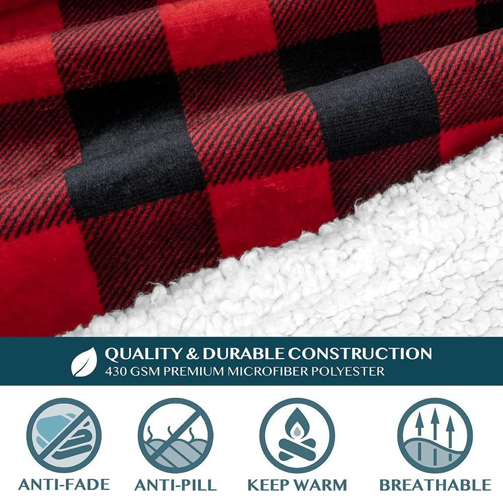 PAVILIA Sherpa Fleece Blanket with Sleeves Women Men Adult, Wearable Blanket Warm Soft Plush Thick, Snuggle Pocket Sleeved TV Throw Wrap, Cozy Idea Mom Wife, Checkered Red