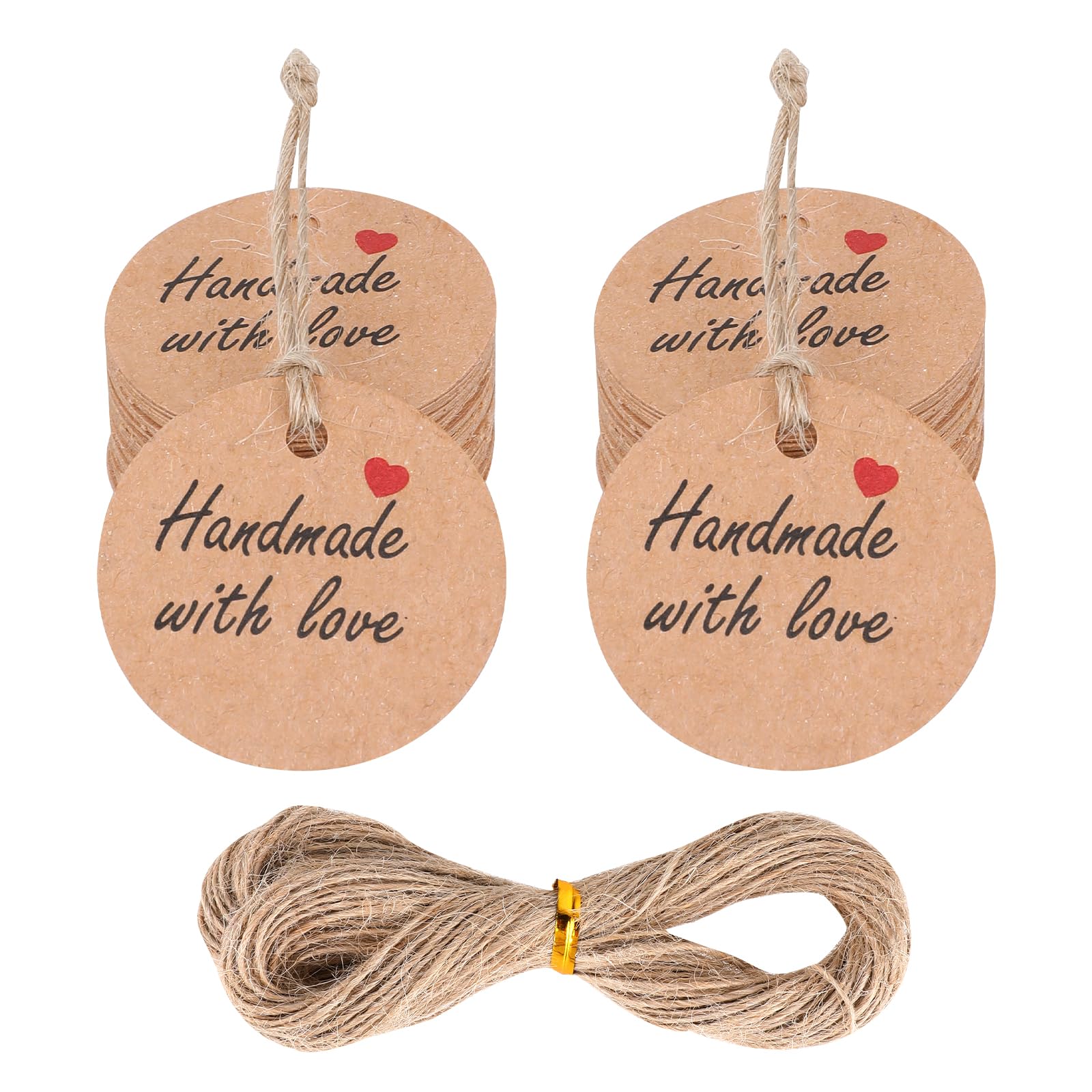 100Pcs Handmade with Love Tags Kraft Paper Hanging Tags with String 1.2” Round Brown Gift Labels with 66 ft String Personalized Handmade Tags for Crafts Candle Tins Wedding Birthday Party Favors