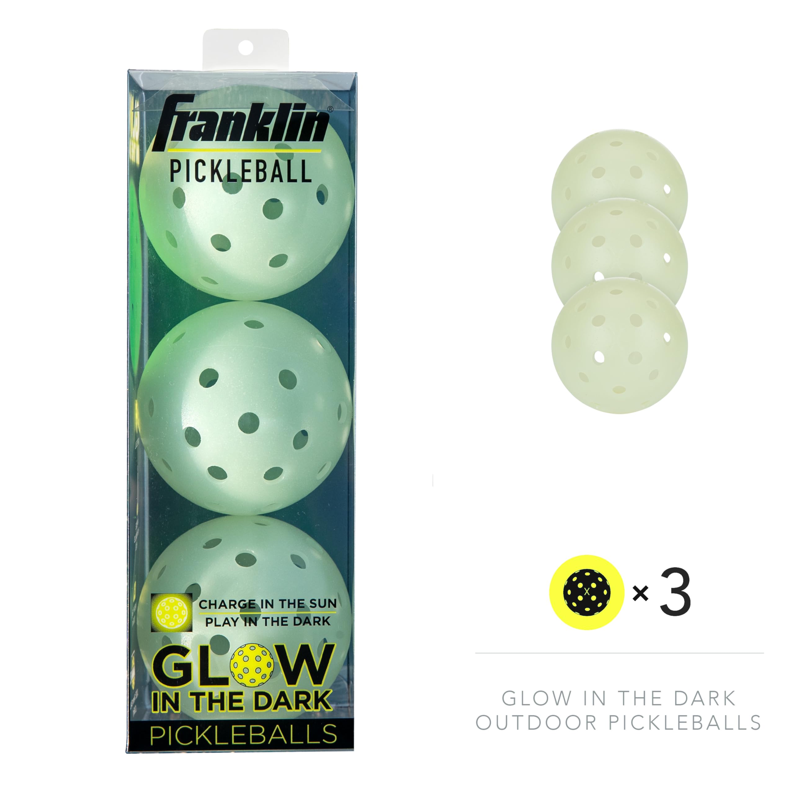 Franklin Sports Glow in The Dark Outdoor Pickleballs - Light Up Pickleball Balls for Nighttime Pickleball - Glow in The Dark Green Pickleball Balls - Charge in Indoor Light + Sunlight - 3 Pack