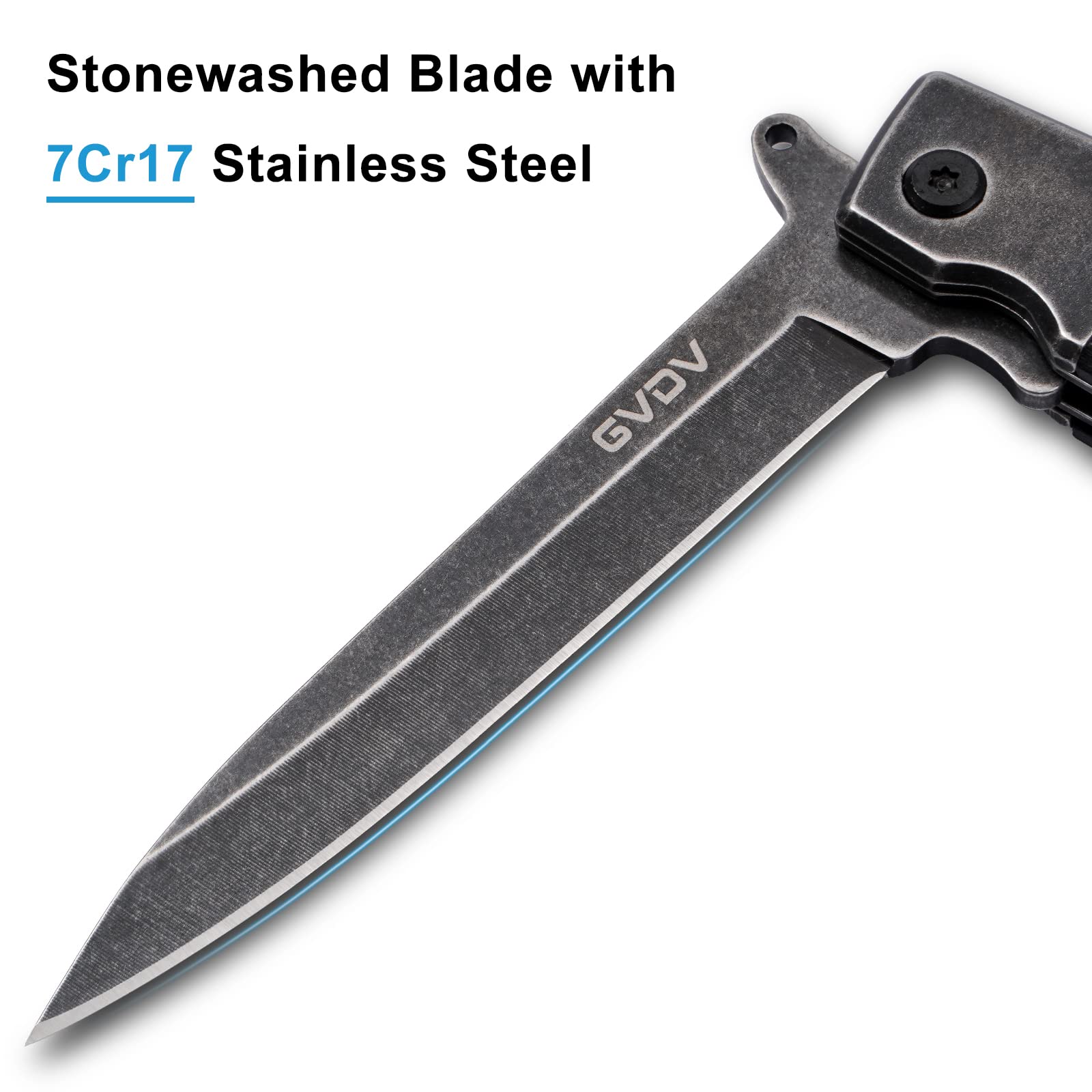 GVDV Pocket Knife Folding Knives, Cool Pocket Knives for Men, 7Cr17 Stainless Steel Knife Set with Sharpening for Fishing Camping Hunting Hiking, Black Stonewashed