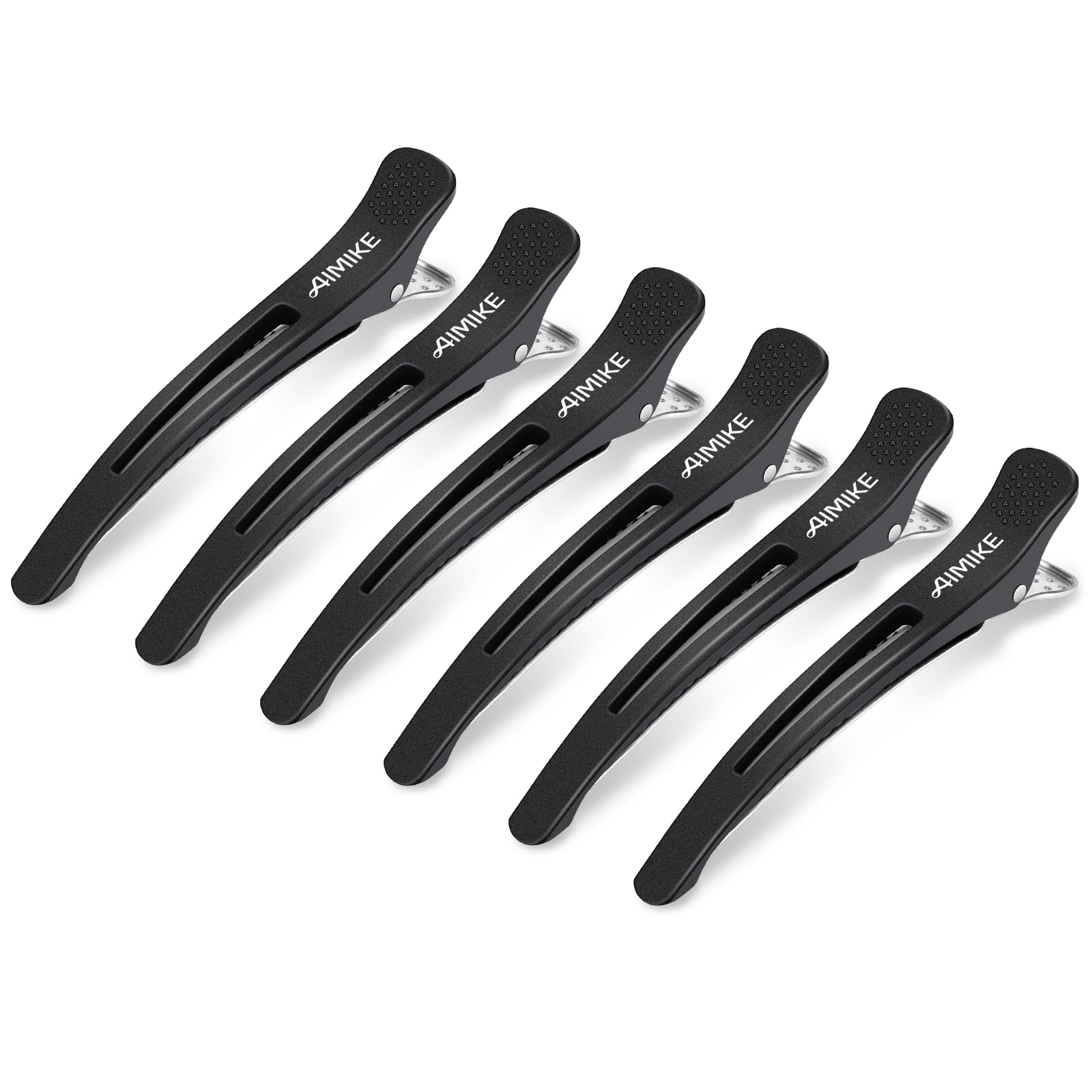 AIMIKE 6pcs Professional Hair Clips for Styling Sectioning, Non Slip No-Trace Duck Billed Hair Clips with Silicone Band, Salon and Home Hair Cutting Clips for Hairdresser, Women, Men - Black 4.3” Long