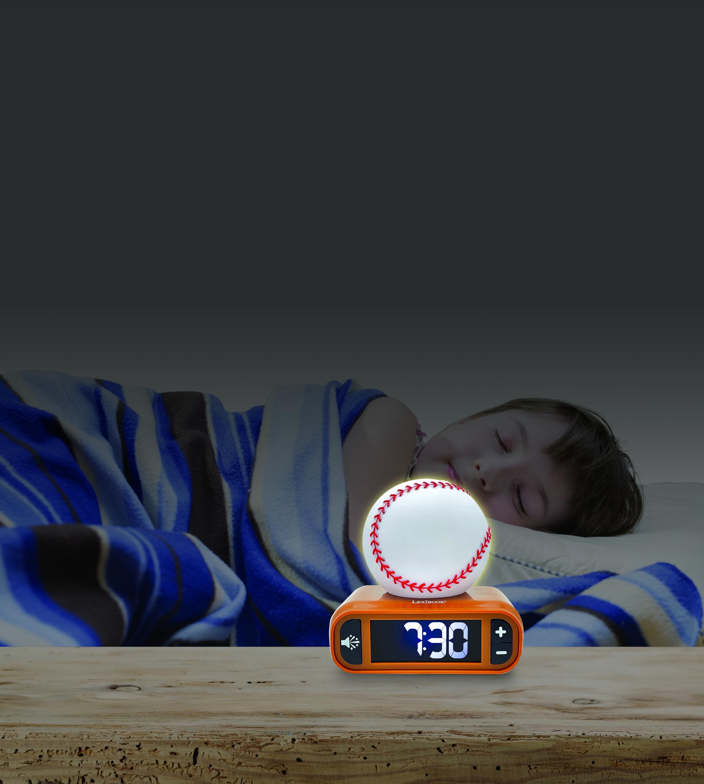 Lexibook, Baseball - Baseball Nightlight Alarm Clock, Sounds and Melodies, LCD Backlit Screen, Luminous, Snooze, Brown/White, RL800BL