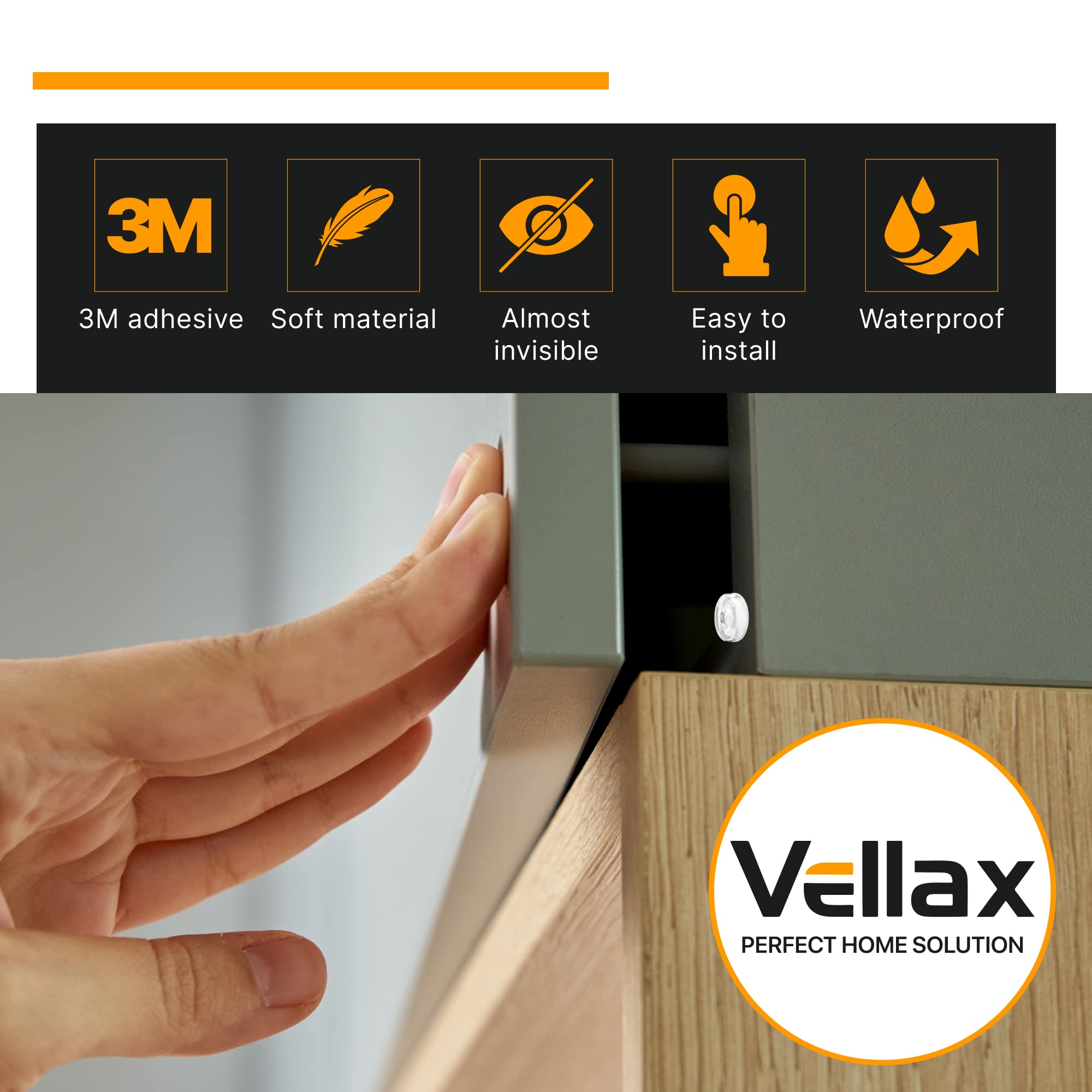 Vellax Cabinet Door Bumpers - Self Adhesive Pads, Cabinet Stoppers, Rubber Bumpers for Drawers, Cupboards, Cutting Boards, Glass Tops, Picture Frames, Kitchen Furniture