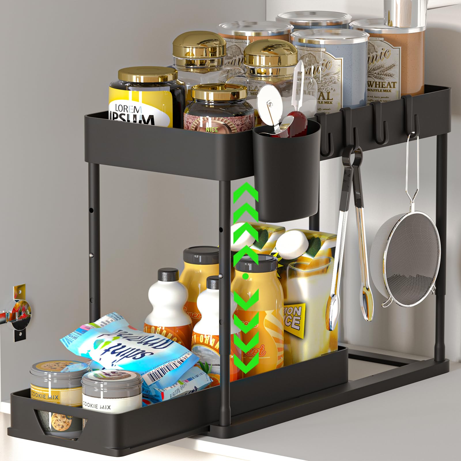 HI NINGER Under sink shelf Pull-out cabinet organizer under the, 2-tier with 4 hooks & 1 hanging cup Liftable with for kitchens.