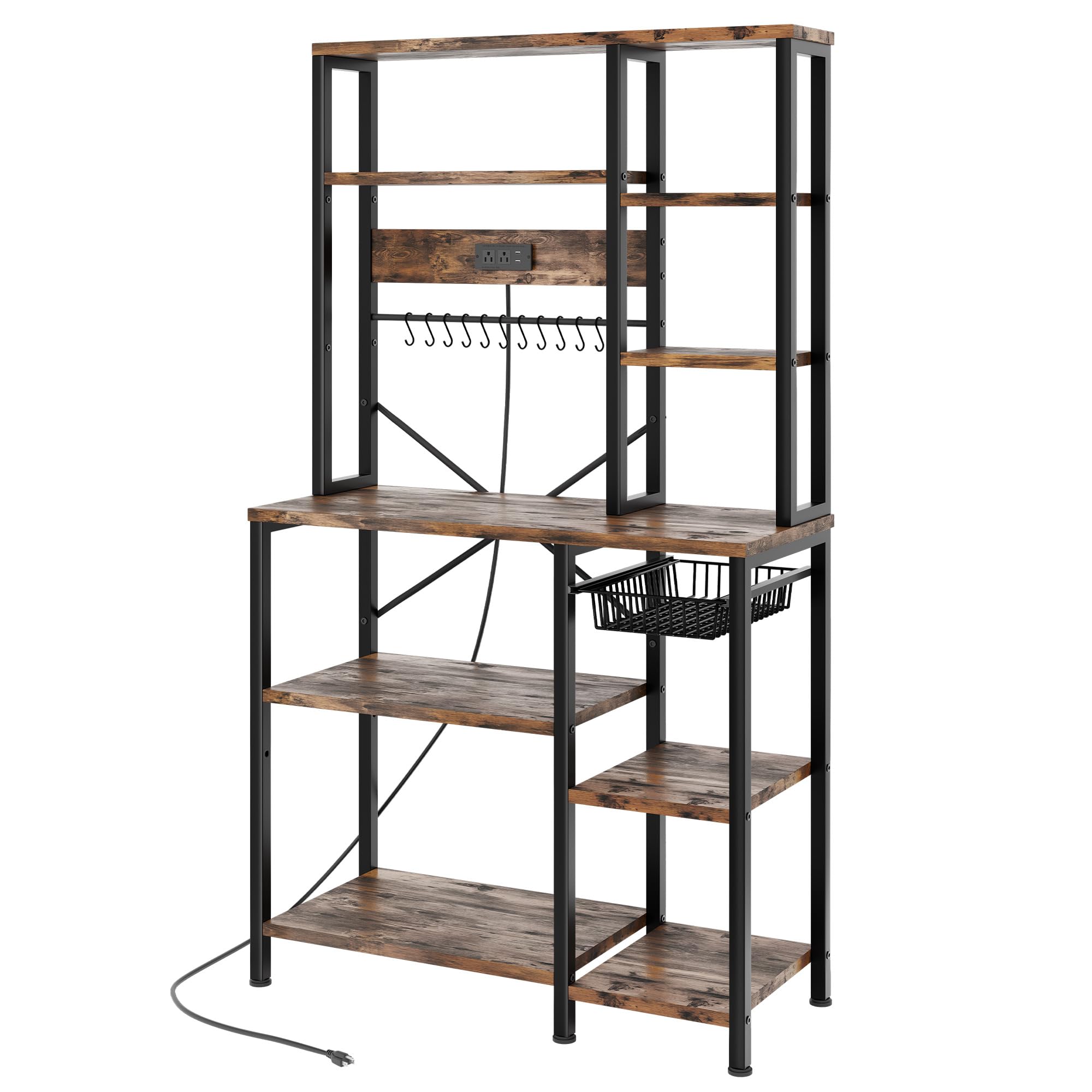 GRUSIGN Kitchen Bakers Rack with Storage, 6-Tier Coffee Bar Station with Power Outlet, Microwave Stand with 12 S-Shaped Hooks, Open Kitchen Storage Shelves for Spices, Pots and Pans, Rustic Brown