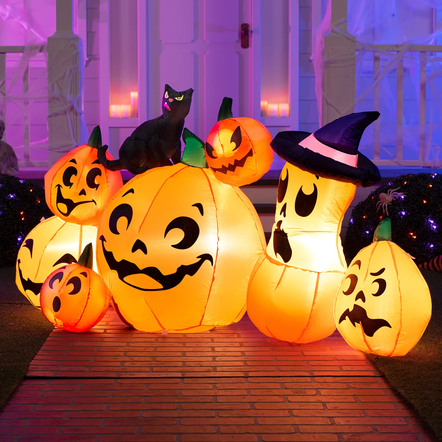 Joiedomi 6 FT Long Halloween Inflatable Outdoor Decorations, Pumpkin Blow Up Halloween Yard Decorations, 7 Pcs Inflatable Pumpkin for Outside with Witch's Cat with Build-in LEDs for Halloween Decor