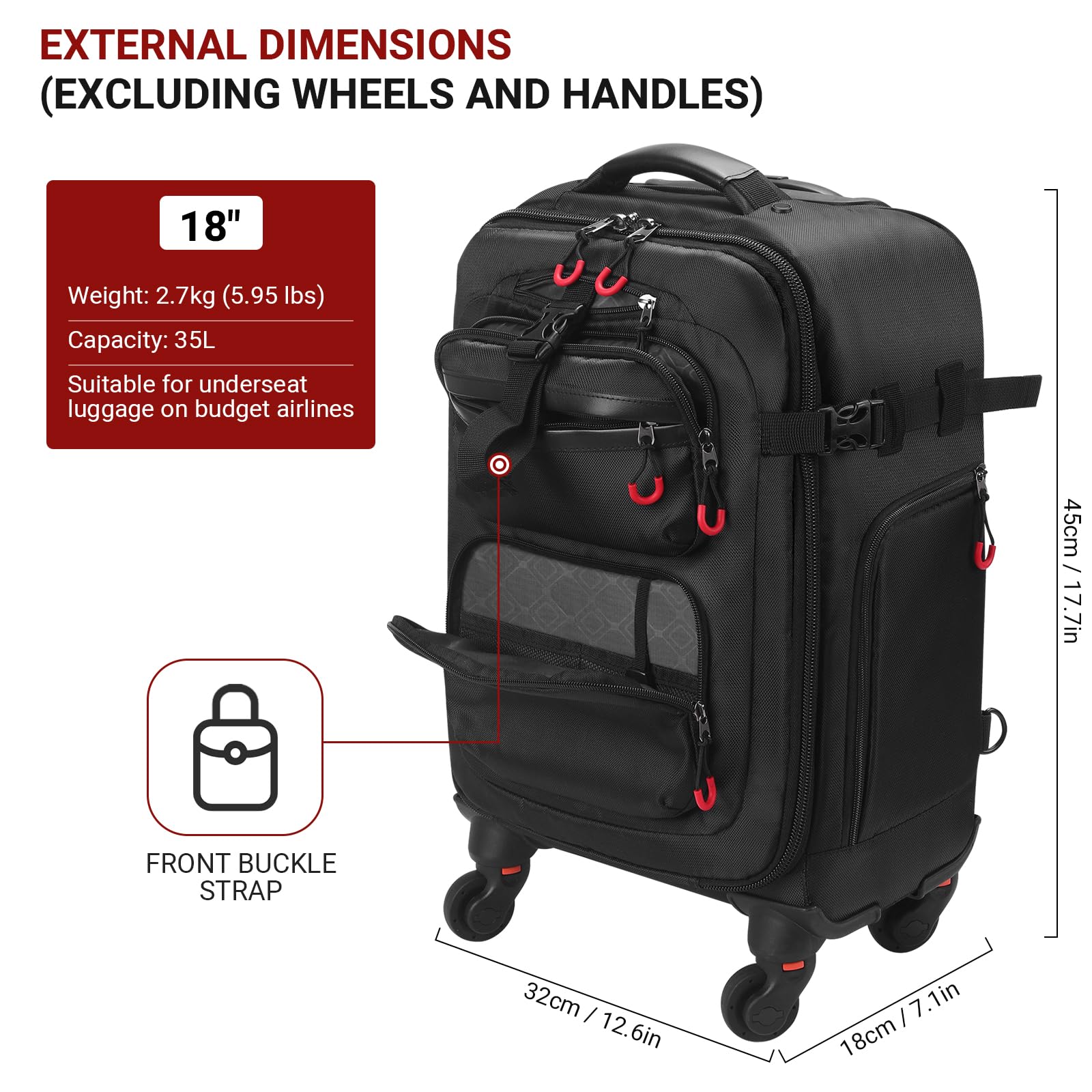 Rolling Backpack with Wheels - Water-Resistant, Comes with 2 Extra Replacement Wheels. Airline Approved Underseat Travel Luggage, Ideal 18*14*8 Personal Item Suitcase Backpack, Fits 15.6 Inch Laptop