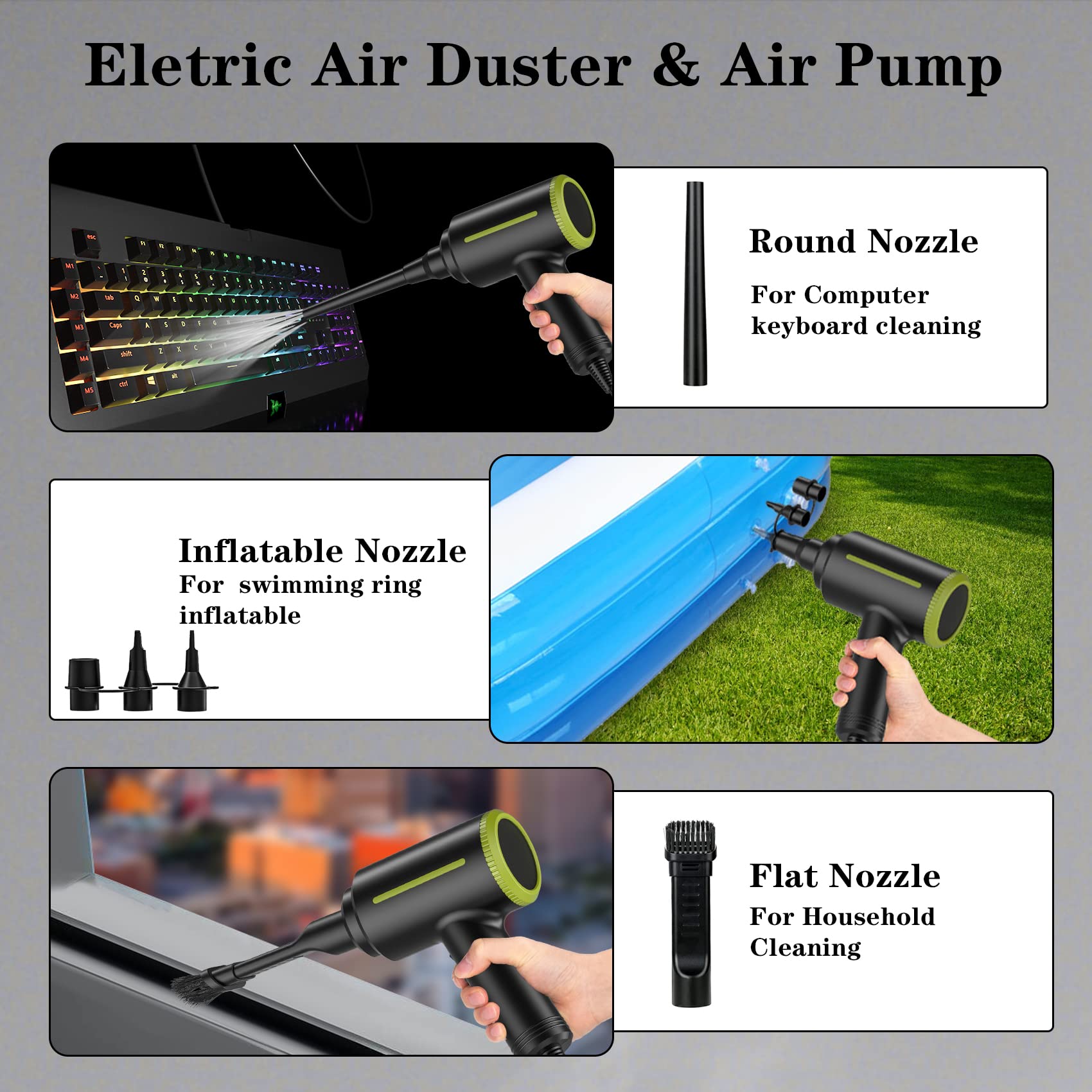 ATEngeus Compressed Air Duster, Multi-Use Electric Air Duster for Computer Keyboard Cleaning, Dust, Hairs, 2 Speed, 40000RPM Air Blower & Air Pump, Reusable Duster Replaces Compressed Air Cans