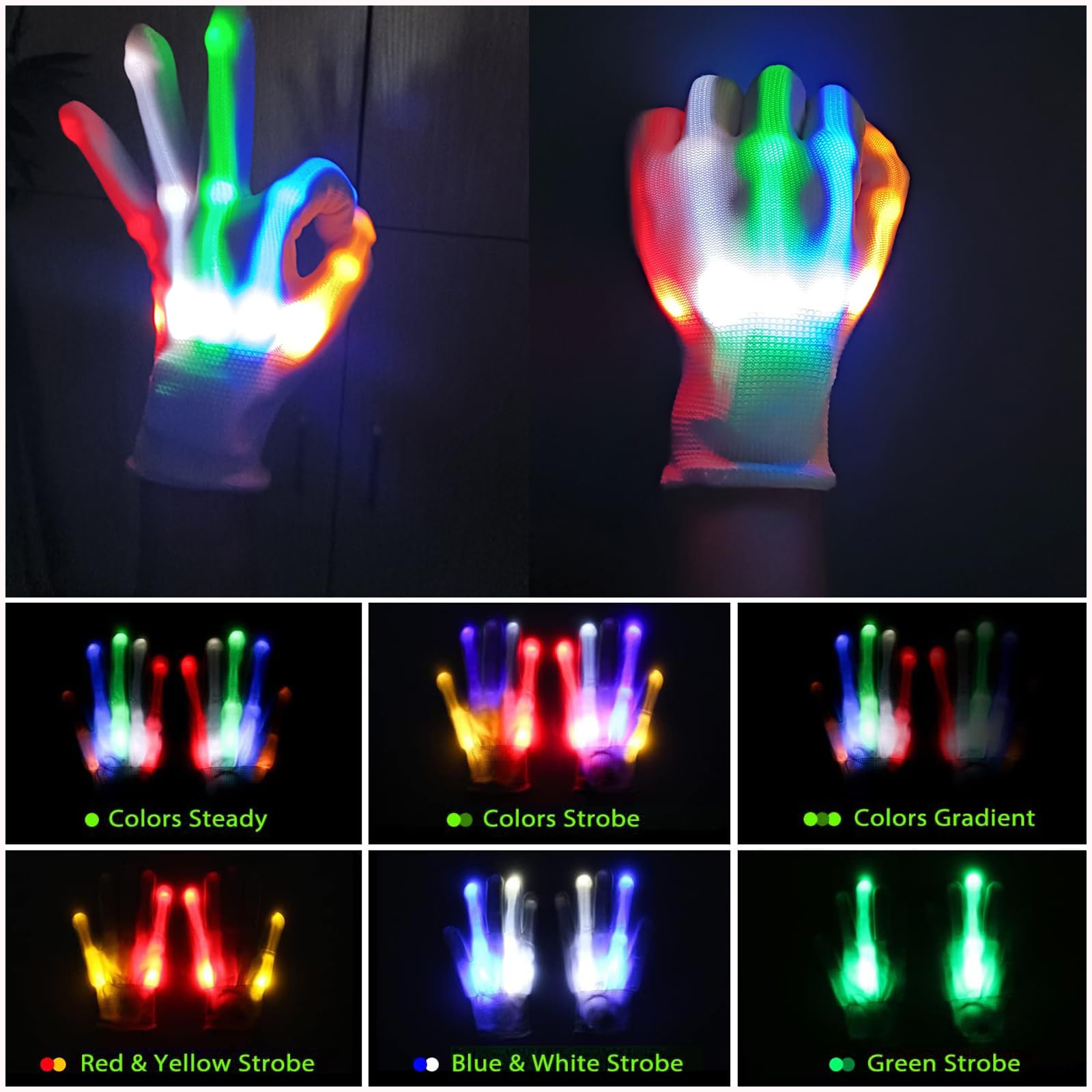 DALEDWN Led Gloves 4 Pairs 5 Colors 6 Modes Light up Gloves Rave Gloves Finger Light Flashing Gloves