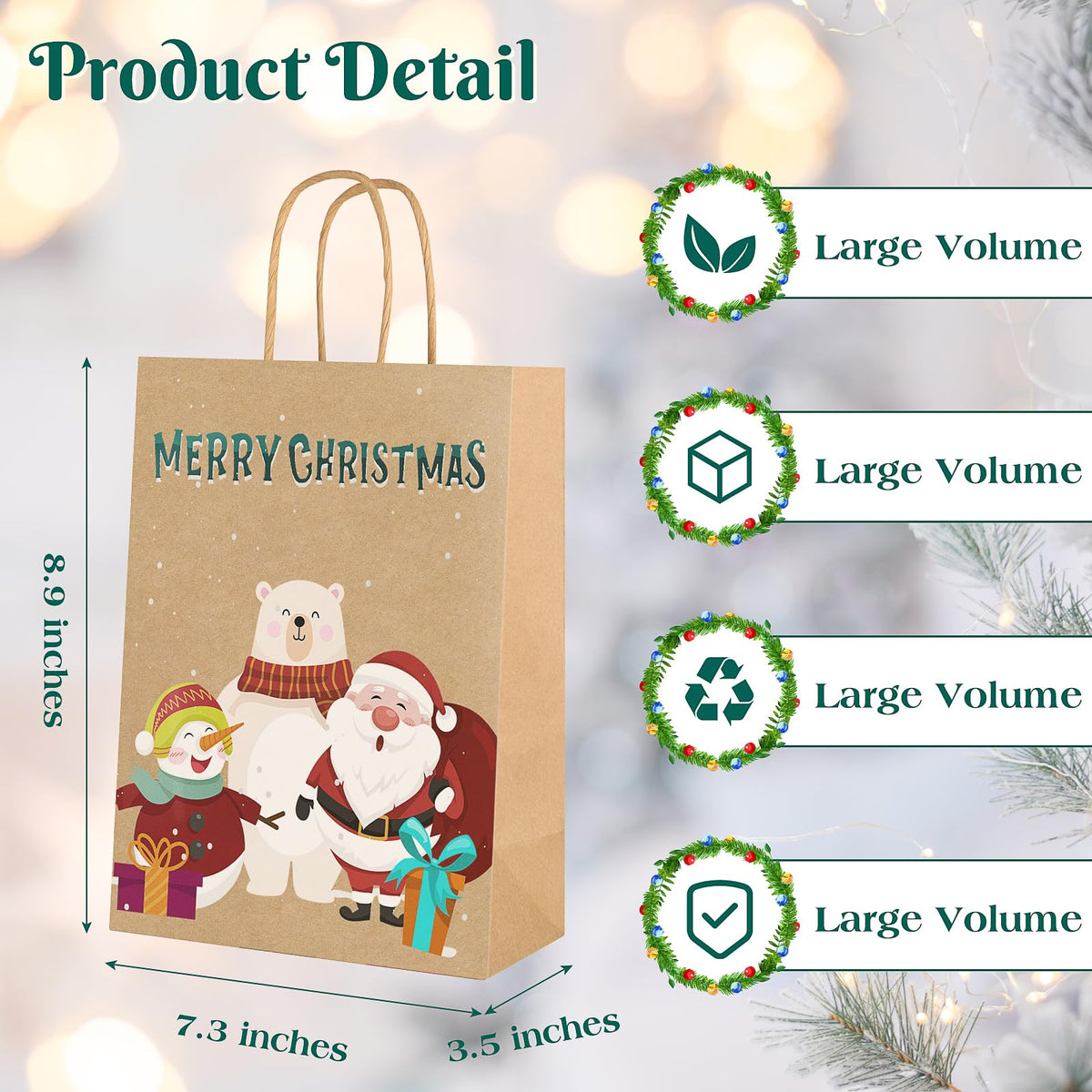 TranquilBliss 12 Unique Christmas Kraft Paper Gift Bags, Durable Handles & Non-Breaking Bottoms, Ideal for Holidays, Birthdays & Parties (24 PCS)
