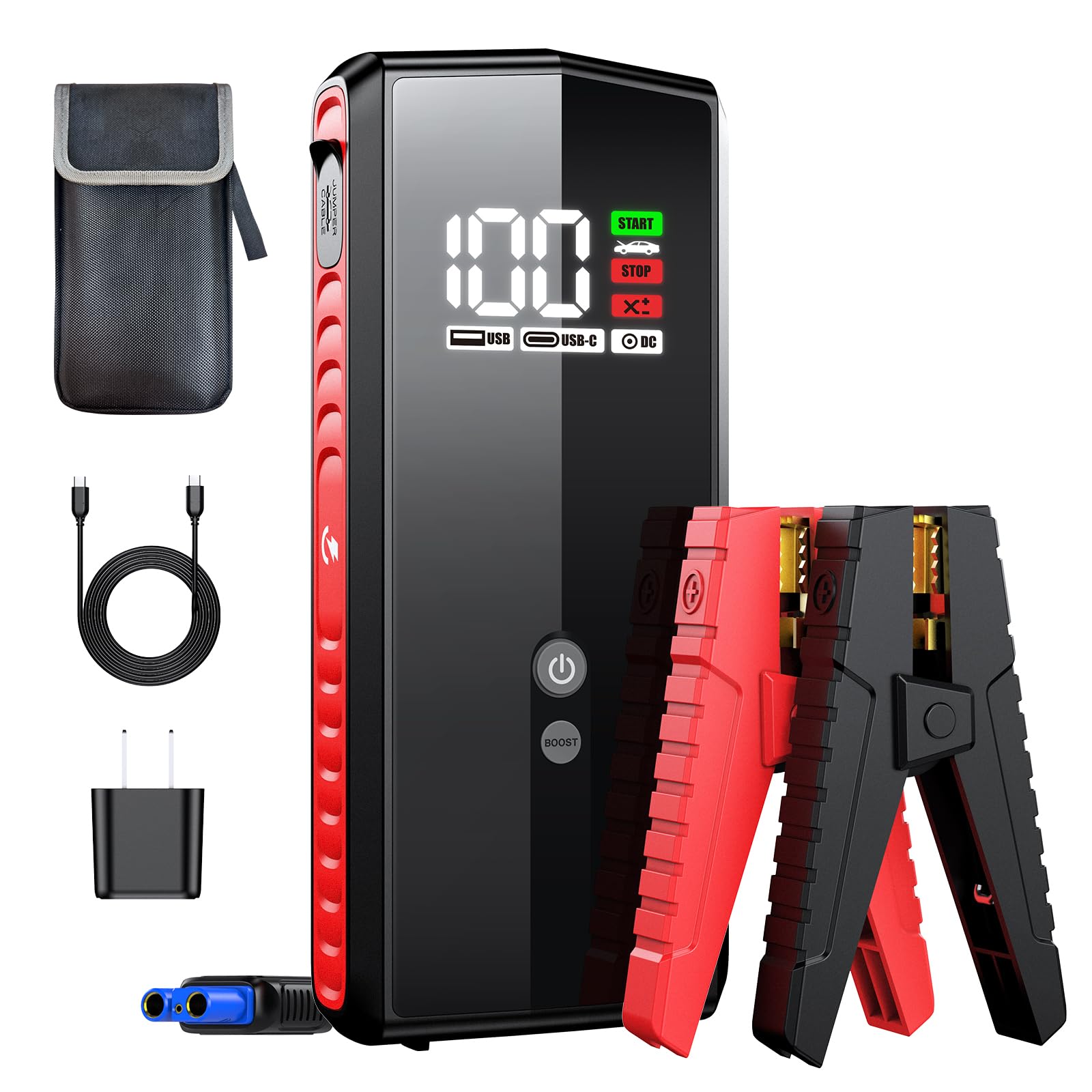 Vantrue JS1 Car Jump Starter, 3000A Car Battery Pack for Up to 10.0L Gas & 8.0L Diesel Engines, 74Wh 12V Portable Power Bank with 30W Fast Charging, USB QC3.0, LCD Display and 5 LED Light Modes