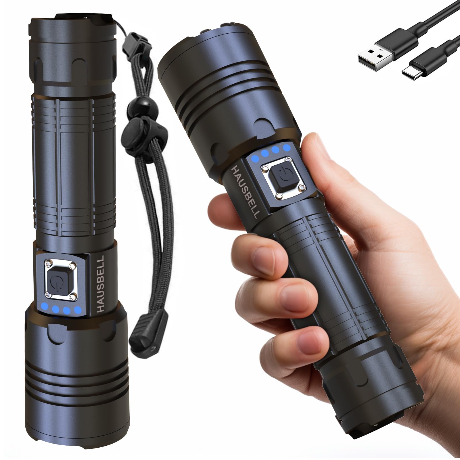 HAUSBELL Rechargeable LED Flashlights High Lumens, 20000 Lumens Super Bright Zoomable Waterproof Flashlight with 5 Modes, Input and Output, Powerful Handheld Flashlight (A300-2 Pack)