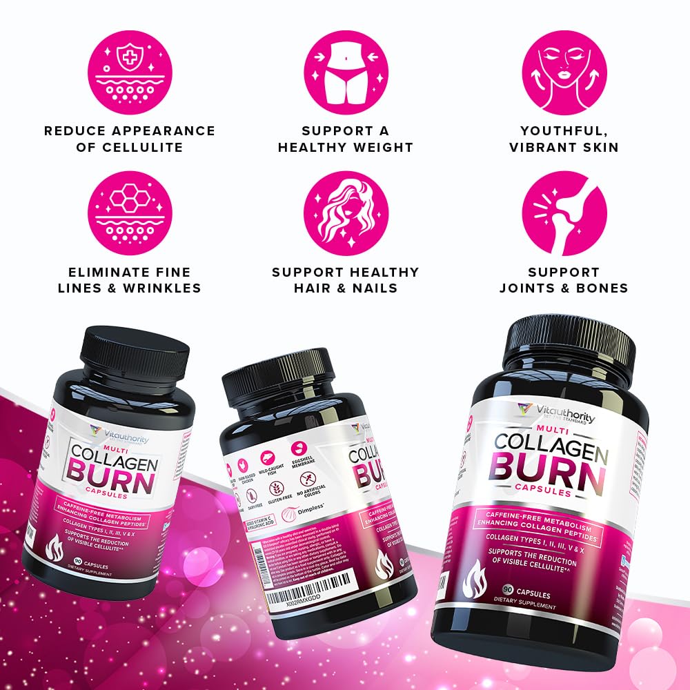 Multi Collagen Burn: Multi-Type Hydrolyzed Protein Peptides with Hyaluronic Acid, Vitamin C, SOD B Dimpless, Types I, II, III, V and X Collagen, Caffeine-Free (Unflavored Capsules)