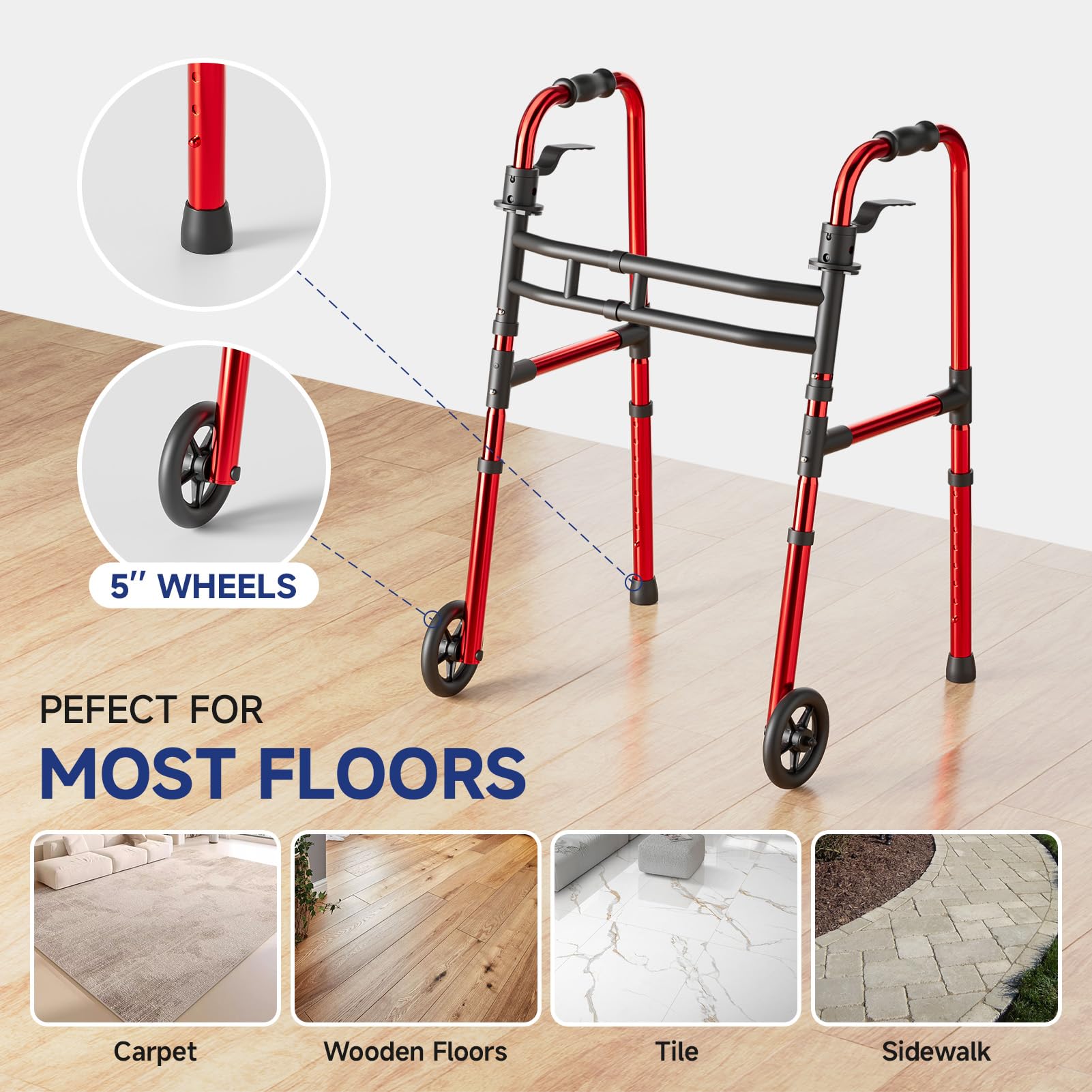 Loyoda Walkers for Seniors Foldable, Aluminum Lightweight Walker with Wheels, Adjustable Height & Width Standard Walkers for Elderly & Disabled, 350 lbs Capacity, Red