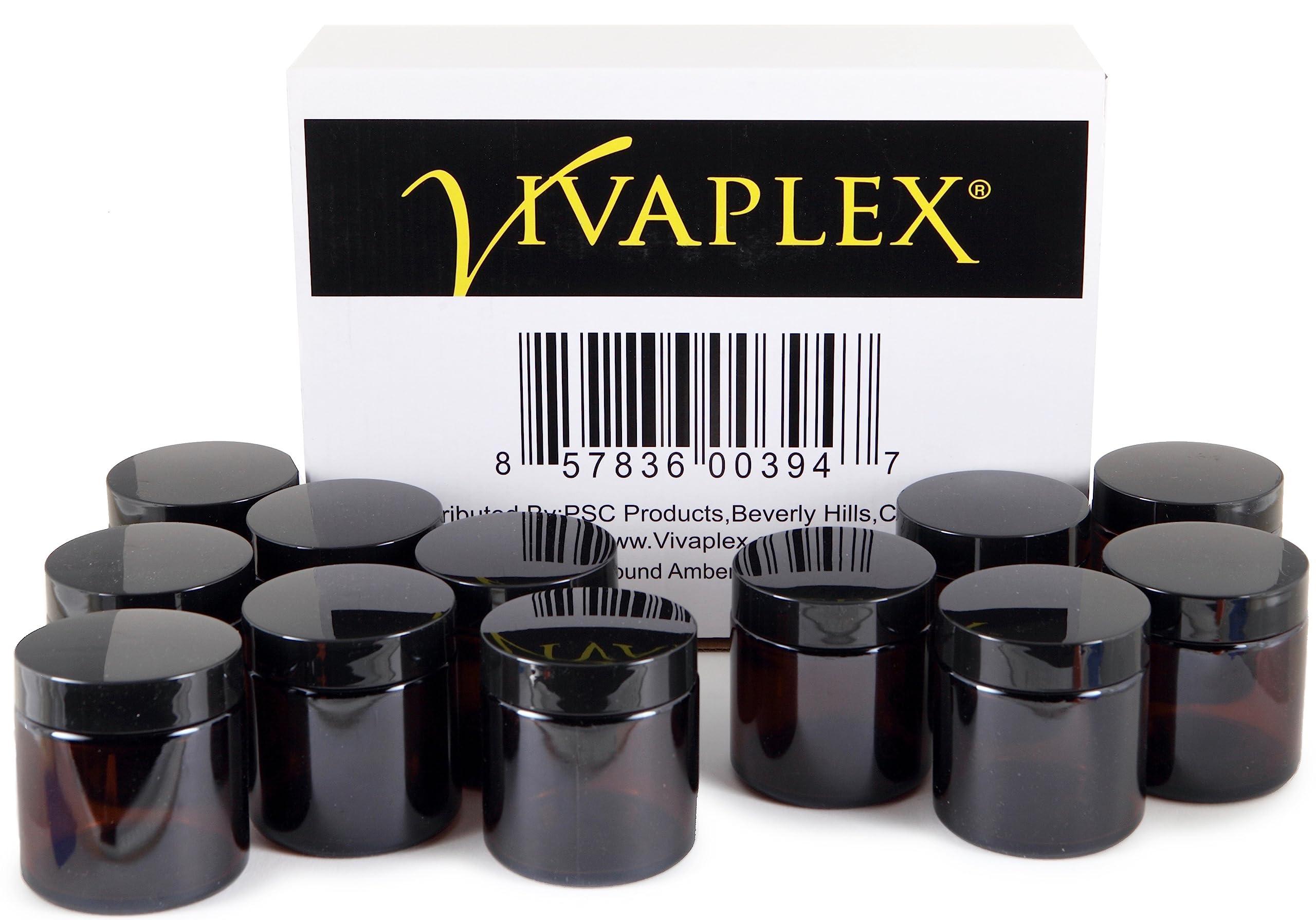 Vivaplex, 12, Amber, 4 oz, Round Glass Jars, with Inner Liners and black Lids