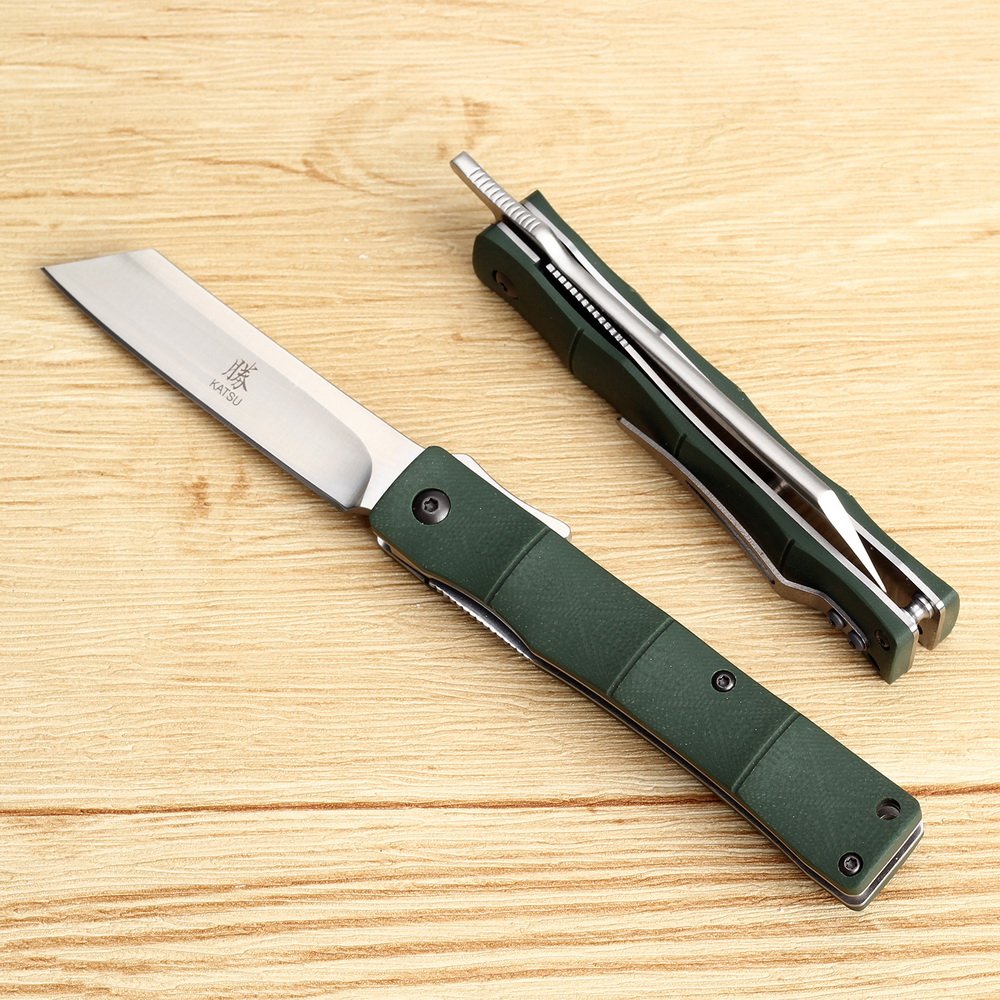 KATSU Handmade D2 Steel Blade G10 Handle Bamboo Style Japanese Razor Pocket Folding Knife with Pocket Clip